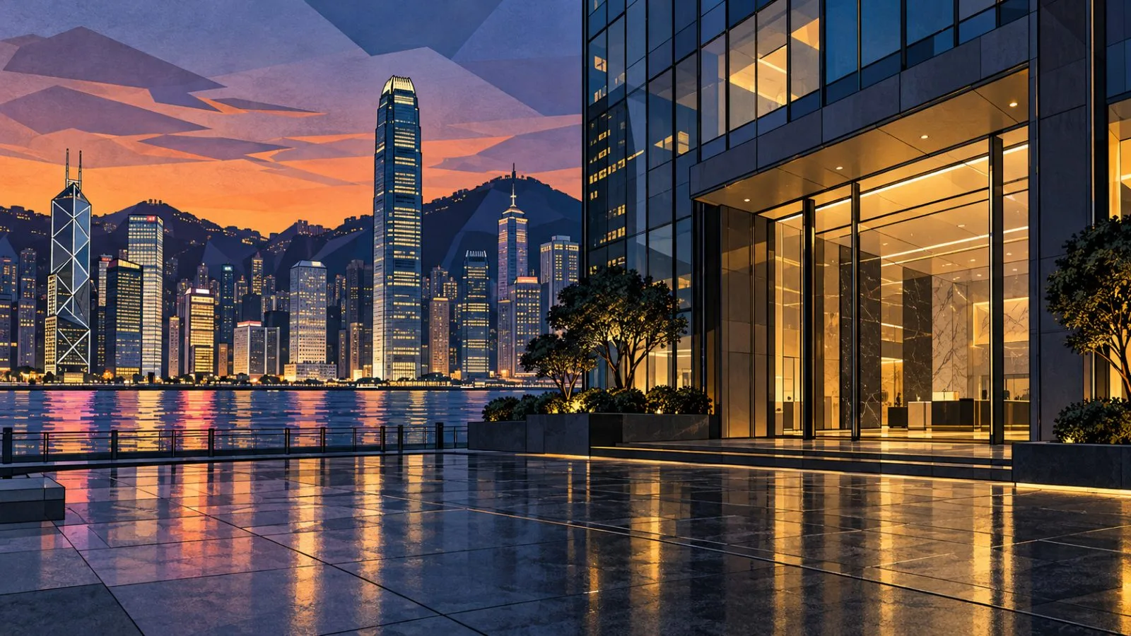 Glass trading-floor entrance beneath Hong Kong’s evening skyline / TokenPost.ai