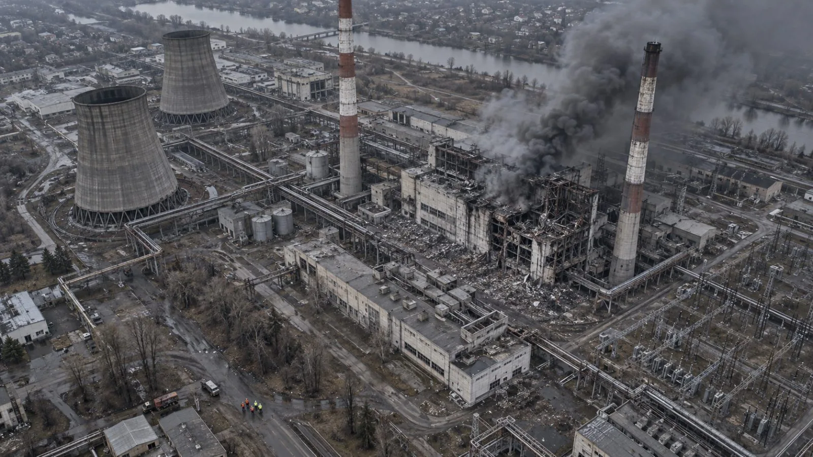 Smoke rises above damaged industrial power infrastructure at dawn / TokenPost.ai