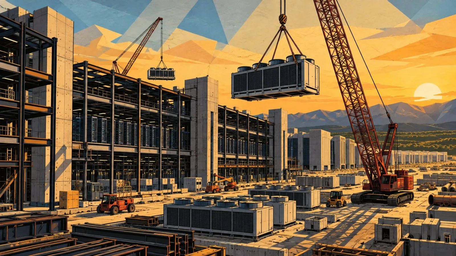 Cranes lift cooling equipment beside a growing data center / TokenPost.ai
