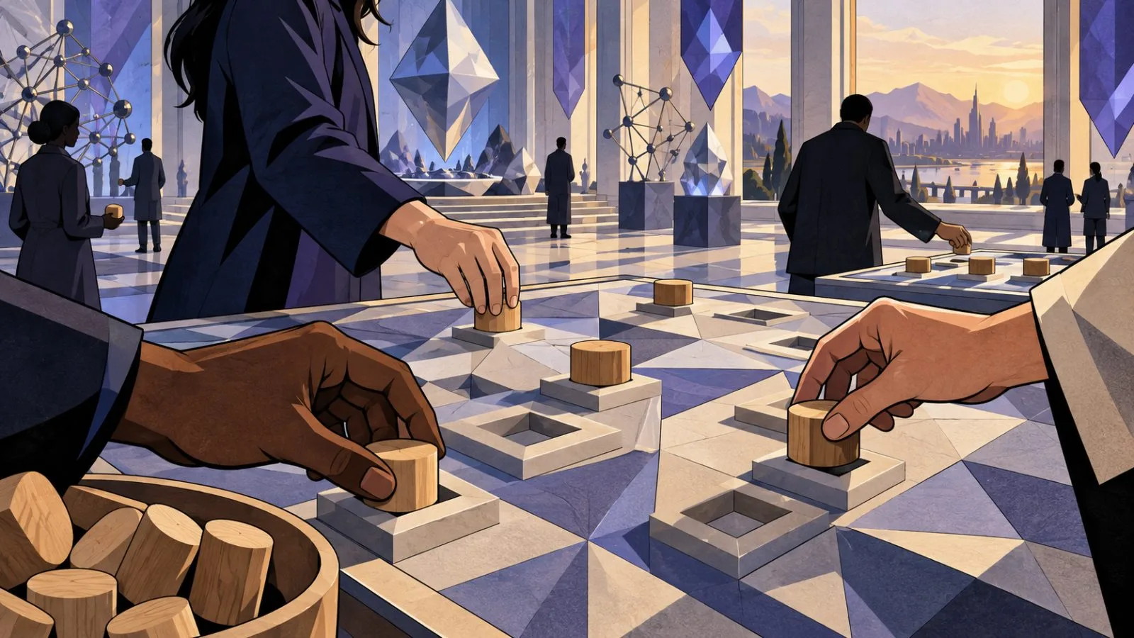 Hands place wooden markers on a blank market board / TokenPost.ai