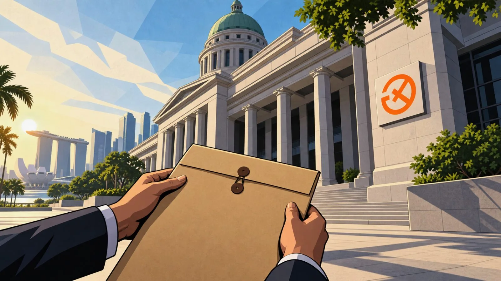 Courthouse exterior beside a sealed legal document folder / TokenPost.ai