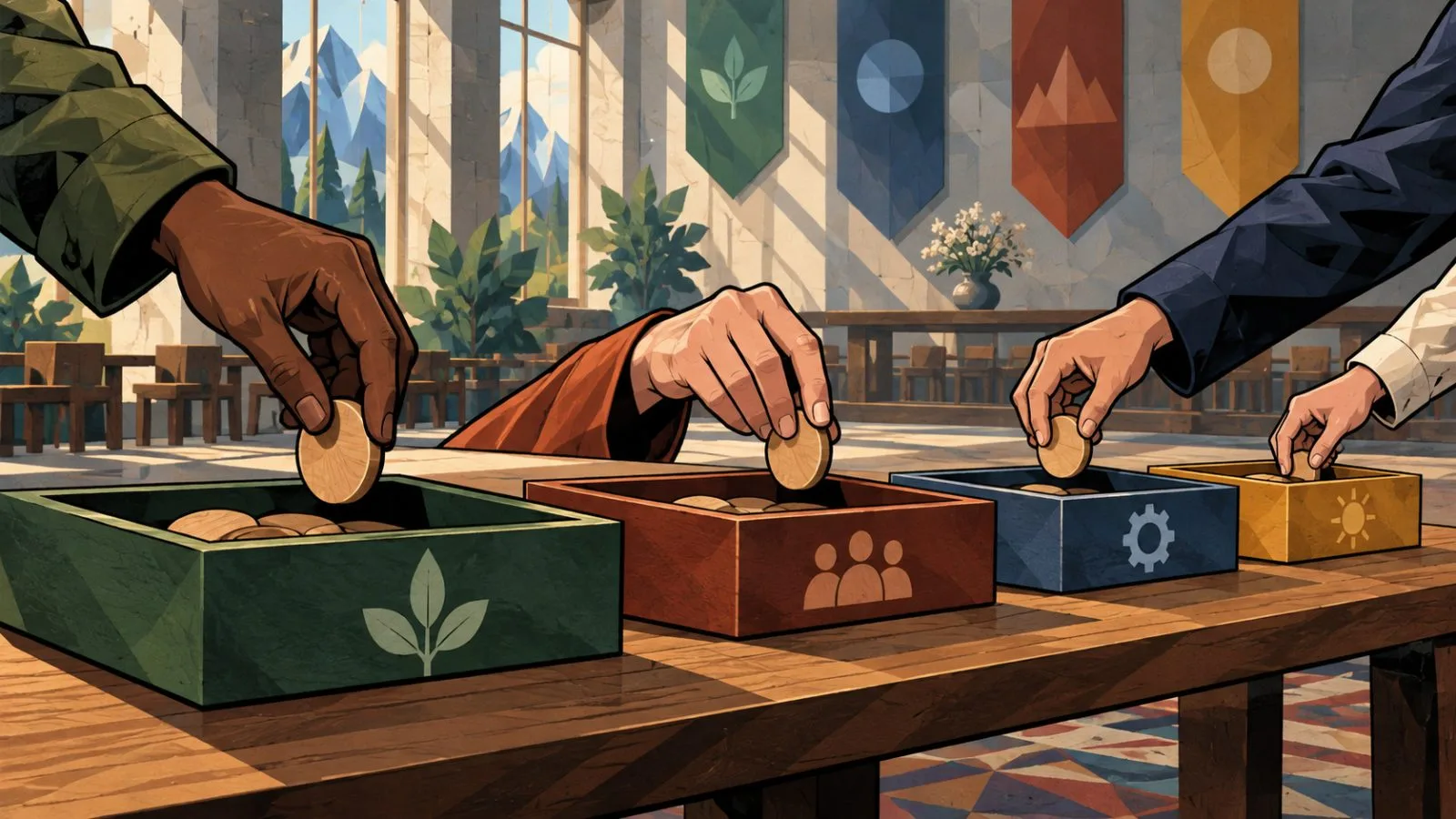 Hands place wooden markers into separate trays on a meeting table / TokenPost.ai