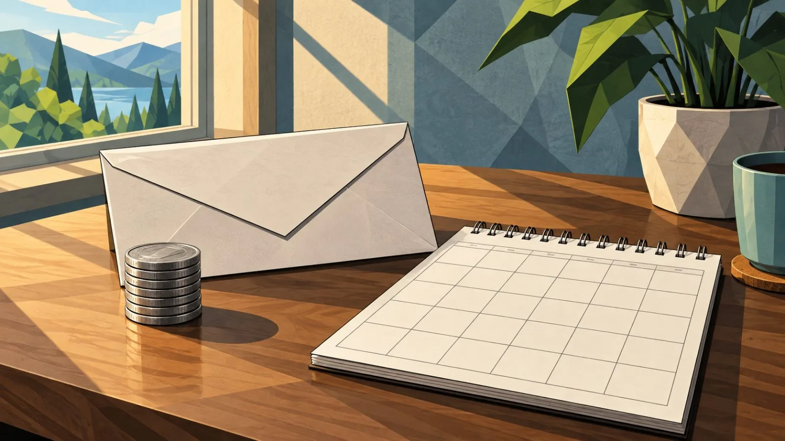 Coins beside a blank calendar and sealed payment envelope / TokenPost.ai
