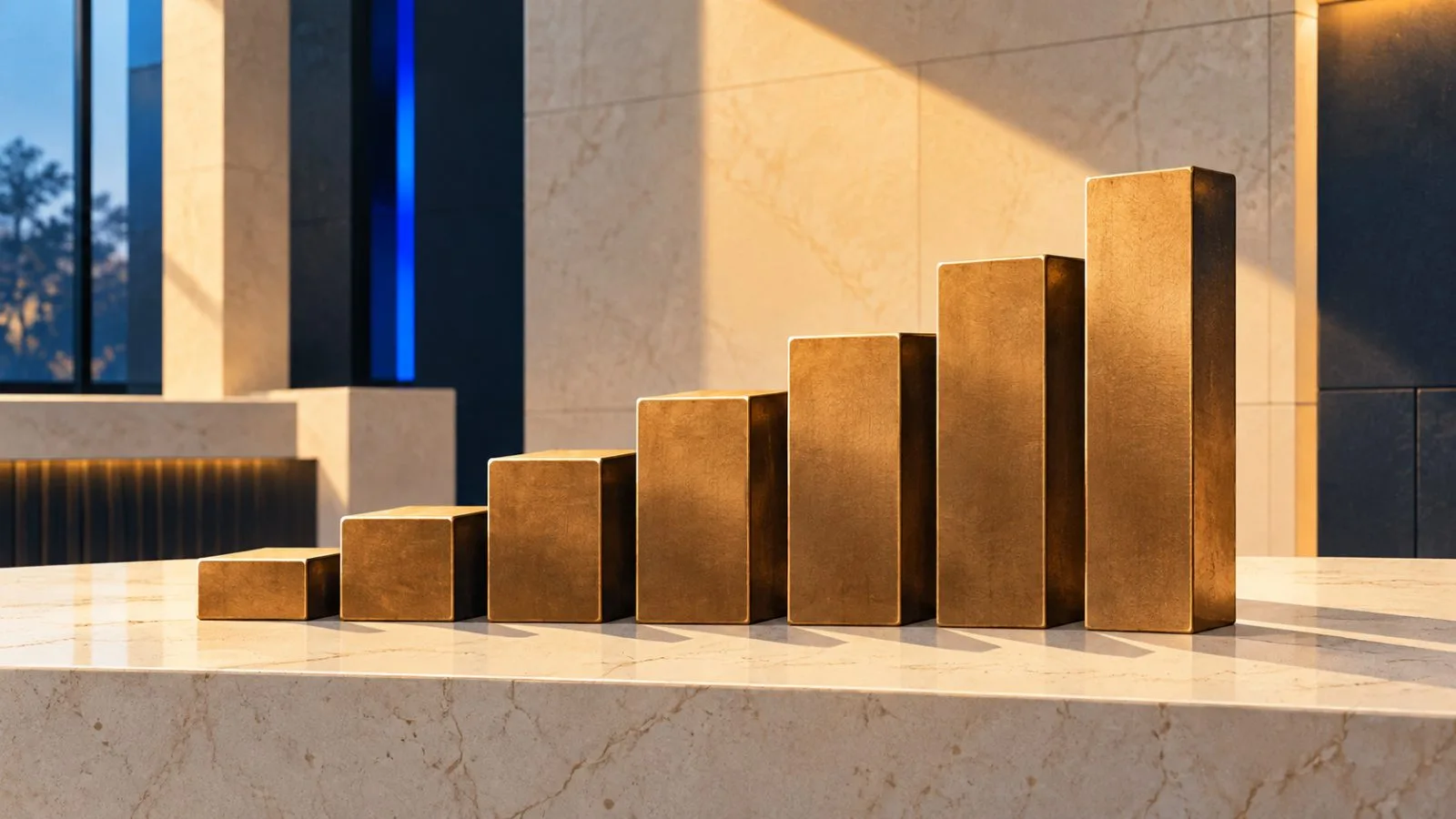 Seven bronze blocks rise across a pale stone bank counter / TokenPost.ai