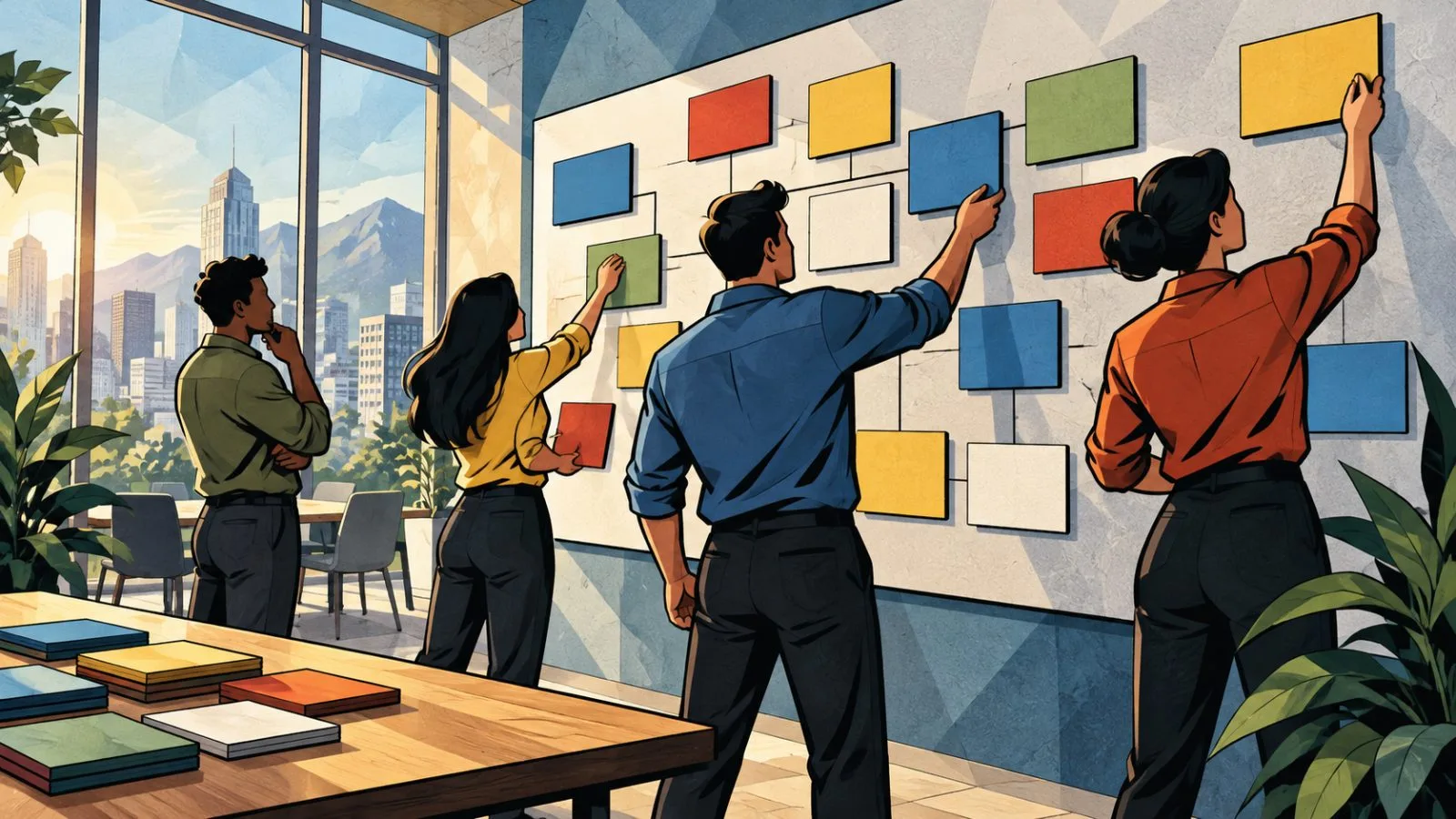 Workers rearrange blank tiles on a workflow planning wall / TokenPost.ai