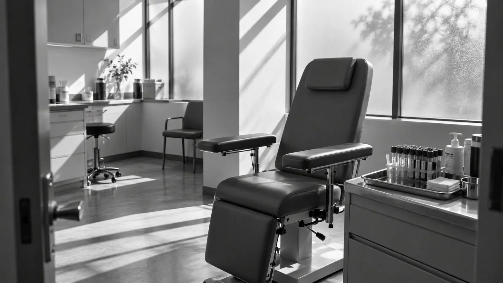 An empty blood collection chair beside a neatly arranged specimen tray / TokenPost.ai
