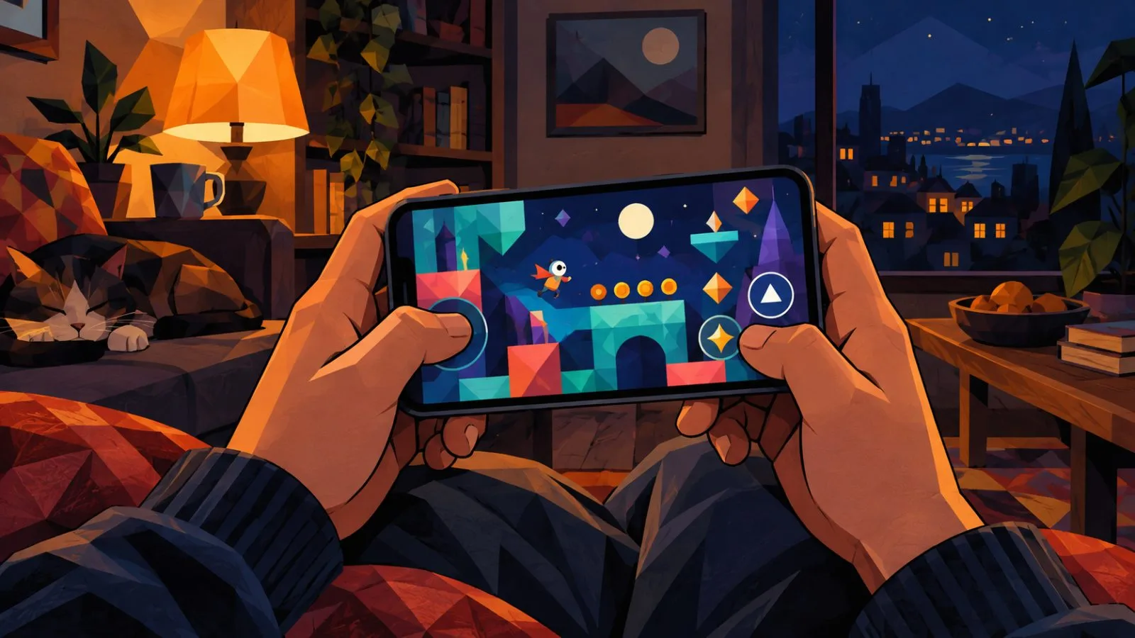 Hands hold a smartphone displaying a colorful abstract game / TokenPost.ai