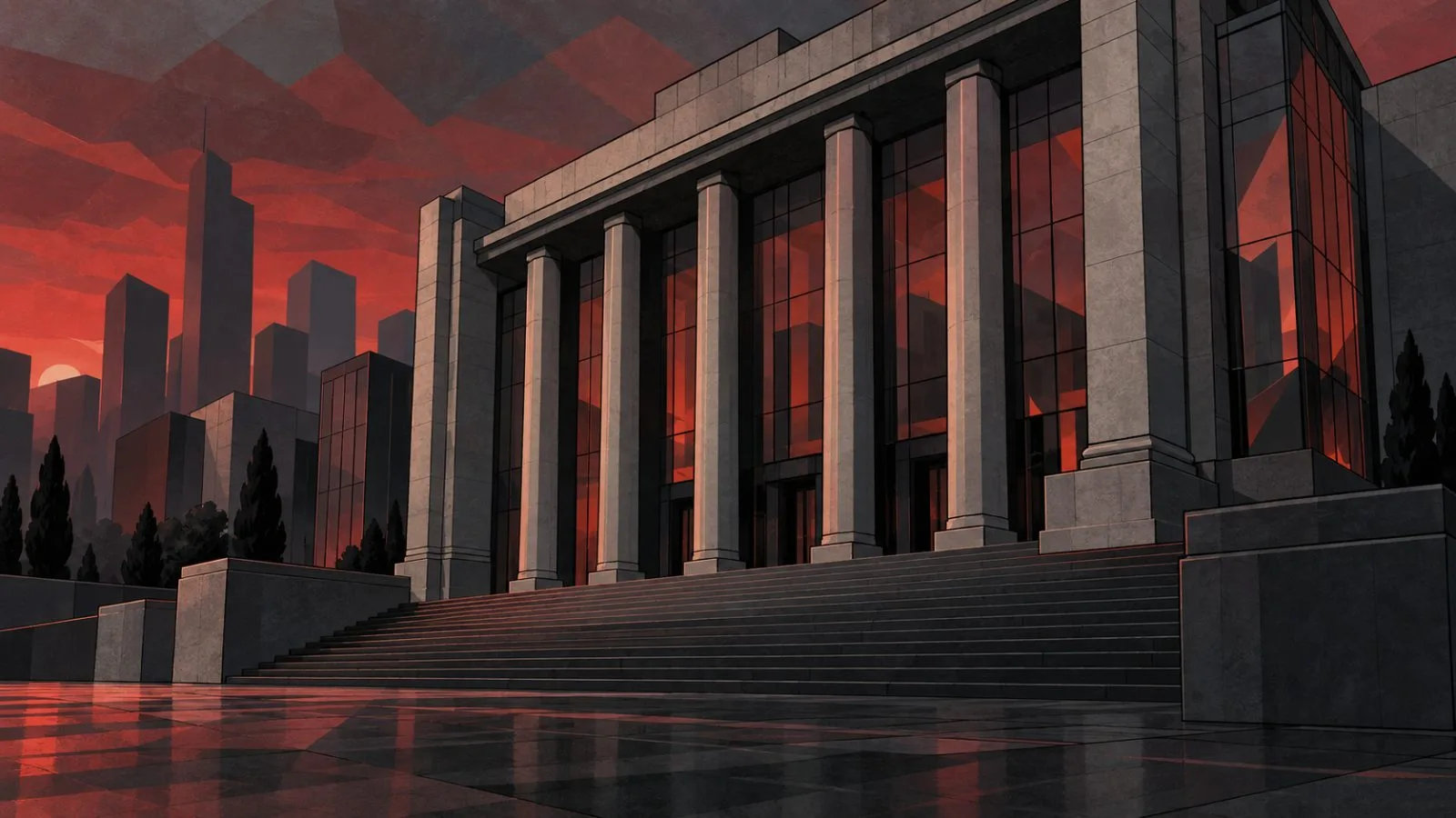 Stock exchange exterior under subdued evening light / TokenPost.ai