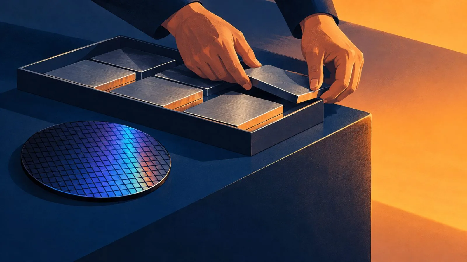 Hands draw metal tiles back from the edge of a portfolio tray / TokenPost.ai