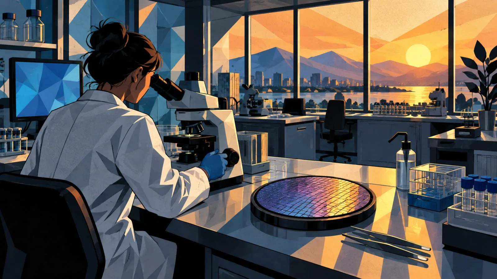 Microscope and semiconductor wafer in a sunlit biomedical laboratory / TokenPost.ai