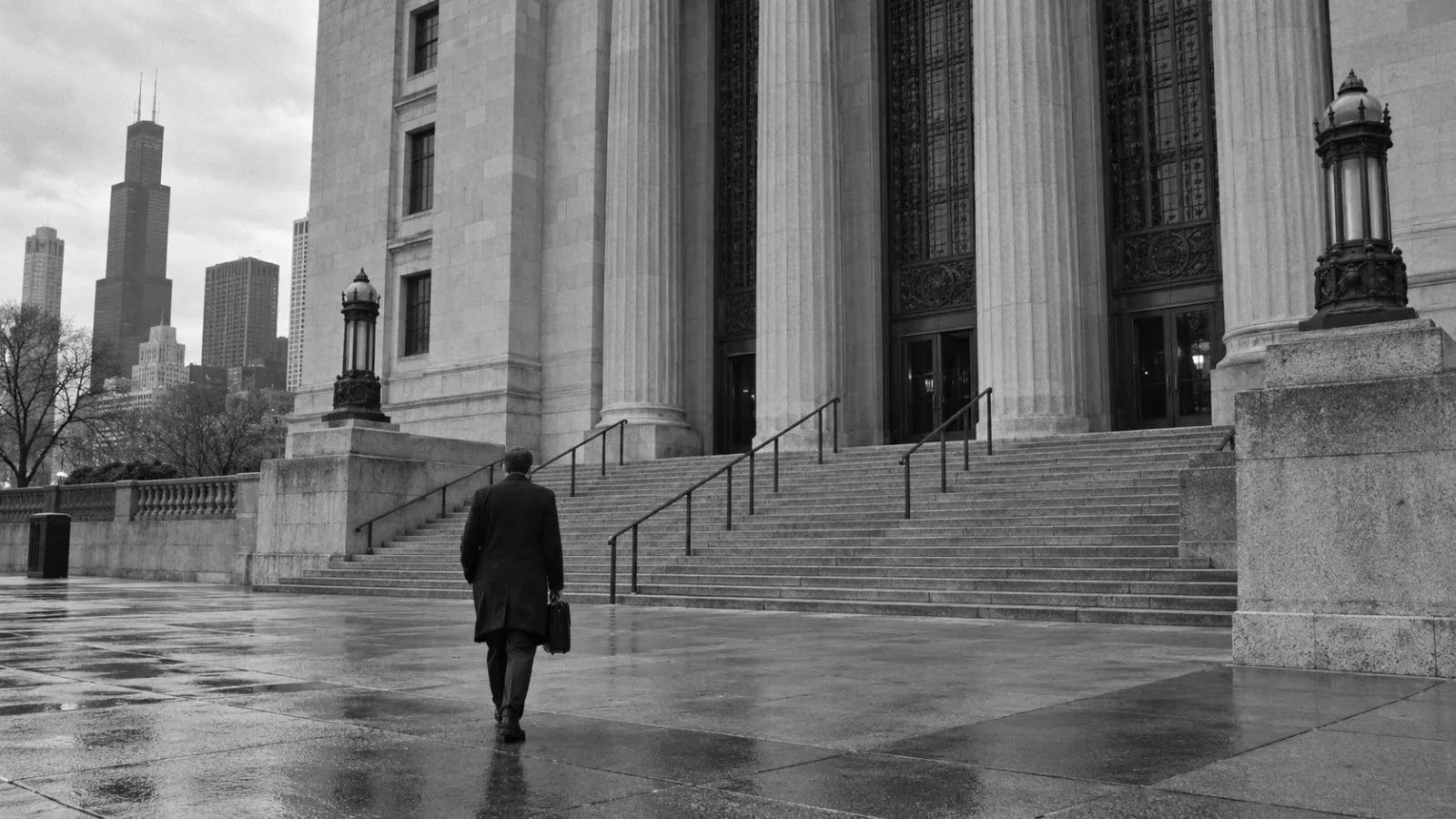 A courthouse entrance stands quiet in early morning light / TokenPost.ai