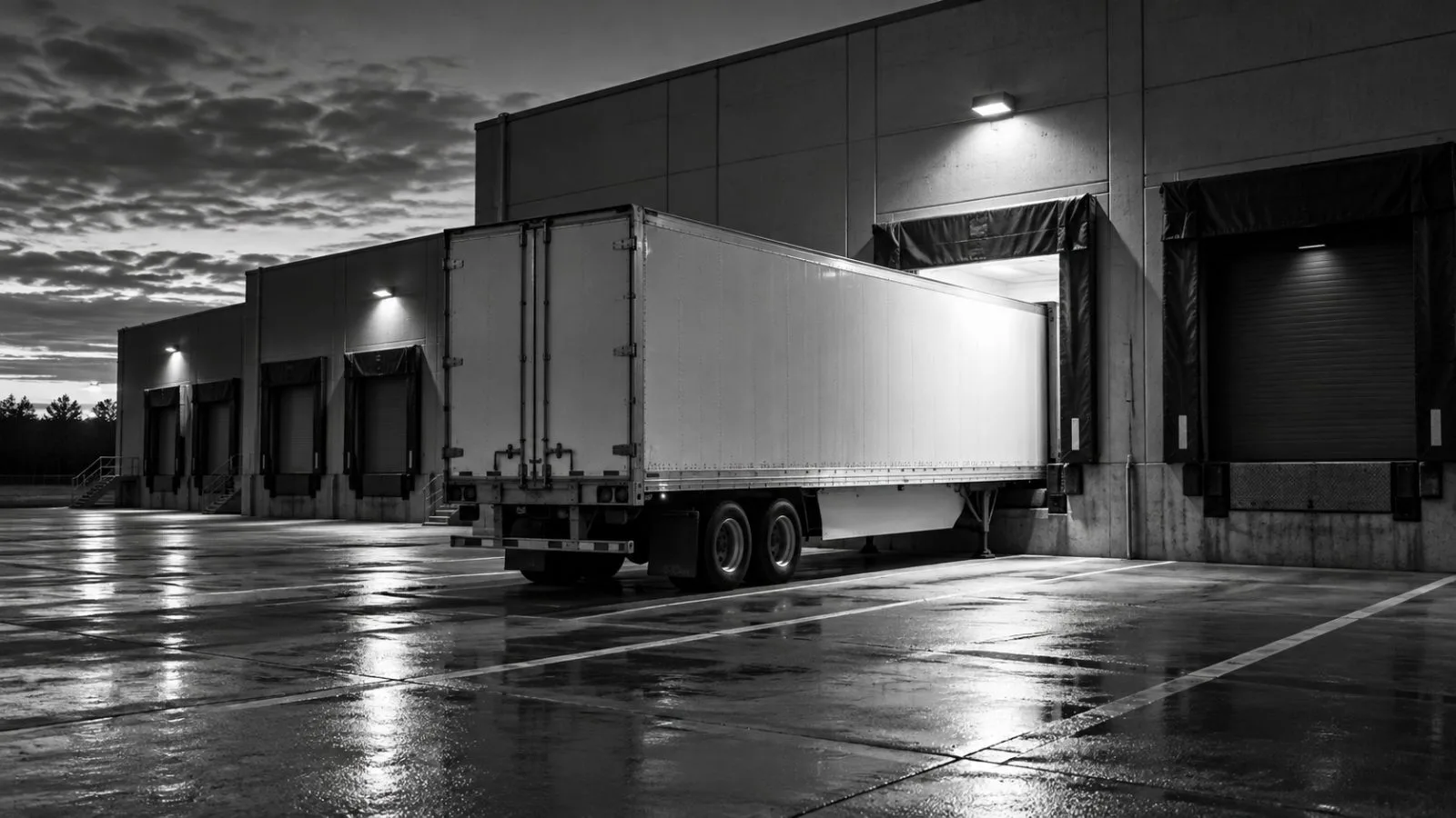 Unmarked freight trailers line a loading dock before sunrise / TokenPost.ai