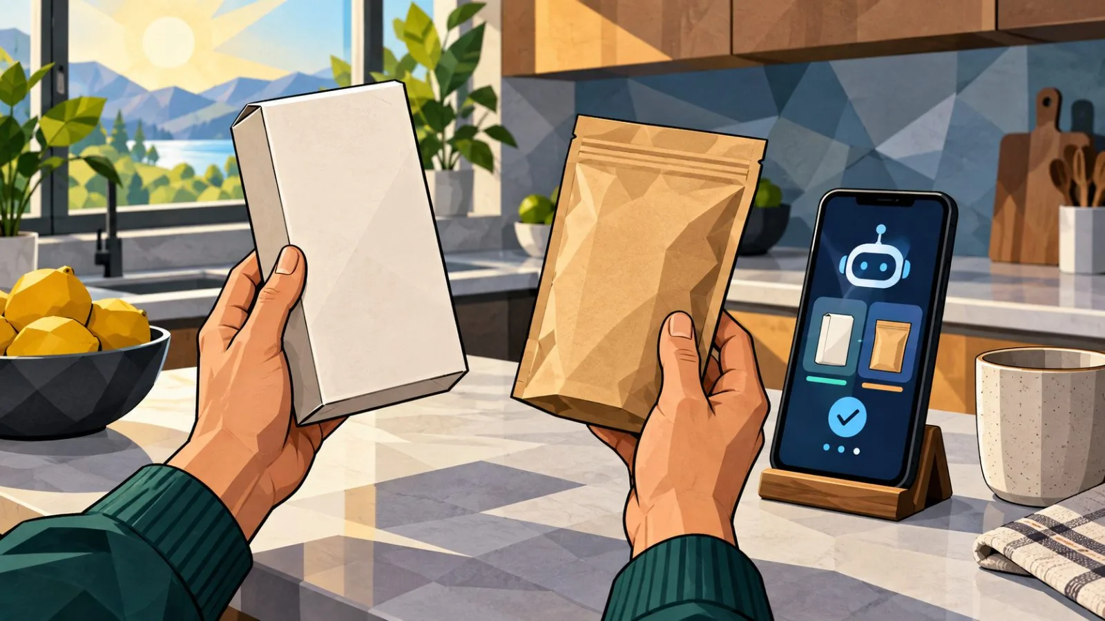 Hands compare unbranded products beside a smartphone / TokenPost.ai
