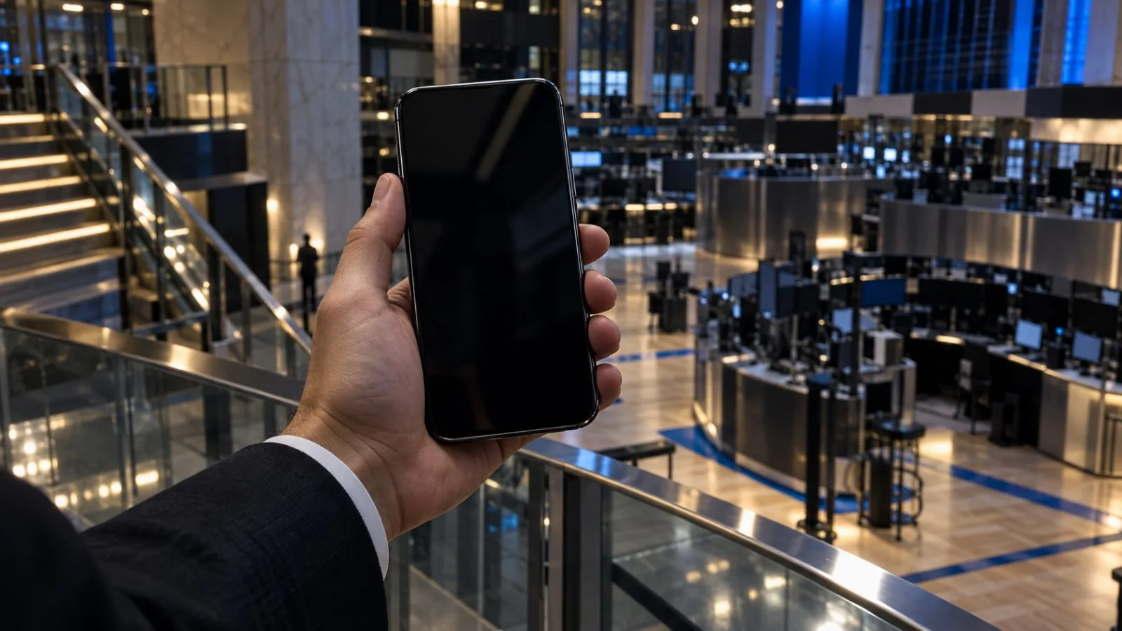An anonymous hand holds a phone on a quiet exchange floor / TokenPost.ai
