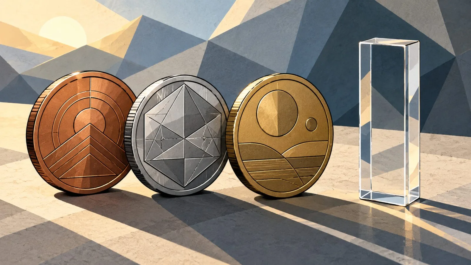Metal tokens arranged beside a clear acrylic marker / TokenPost.ai