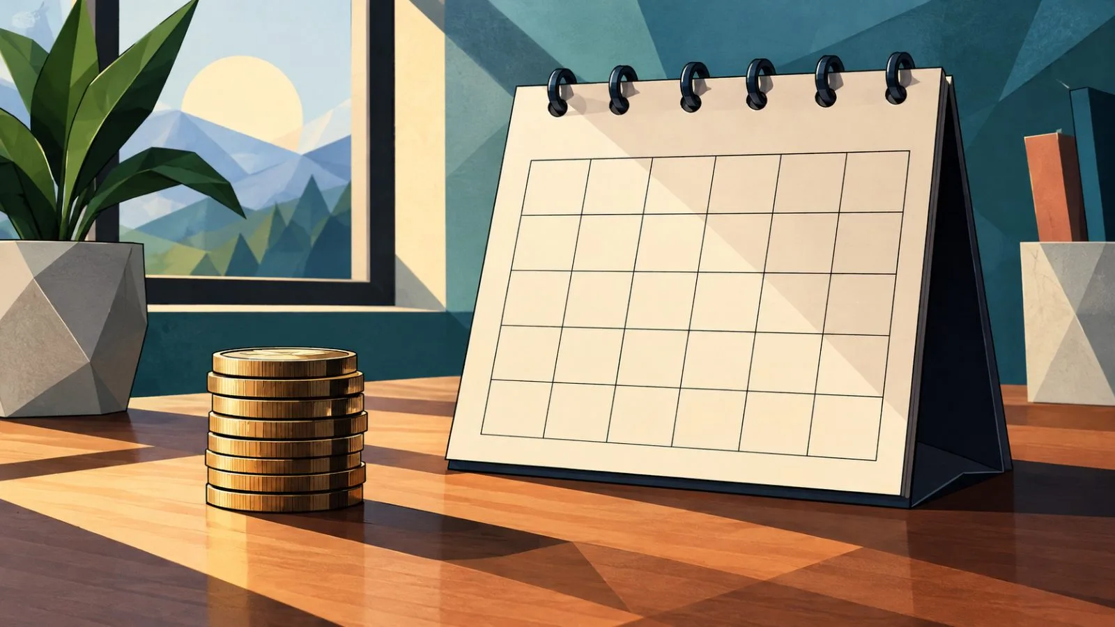 Coins beside a blank calendar page in soft morning light / TokenPost.ai