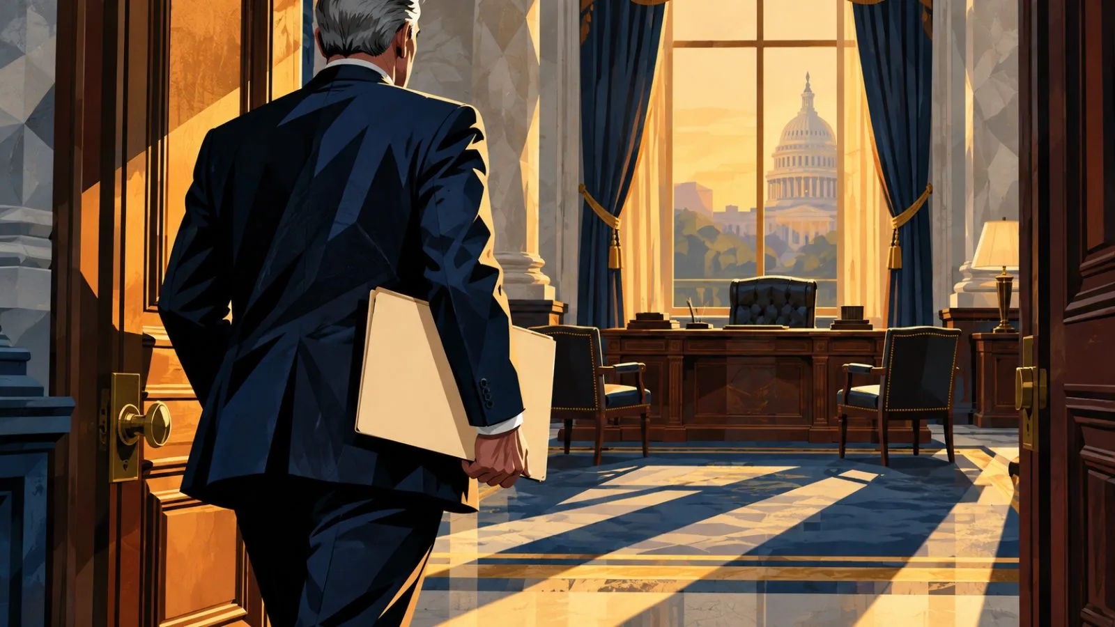 Anonymous senator carrying a folder through a quiet office doorway / TokenPost.ai