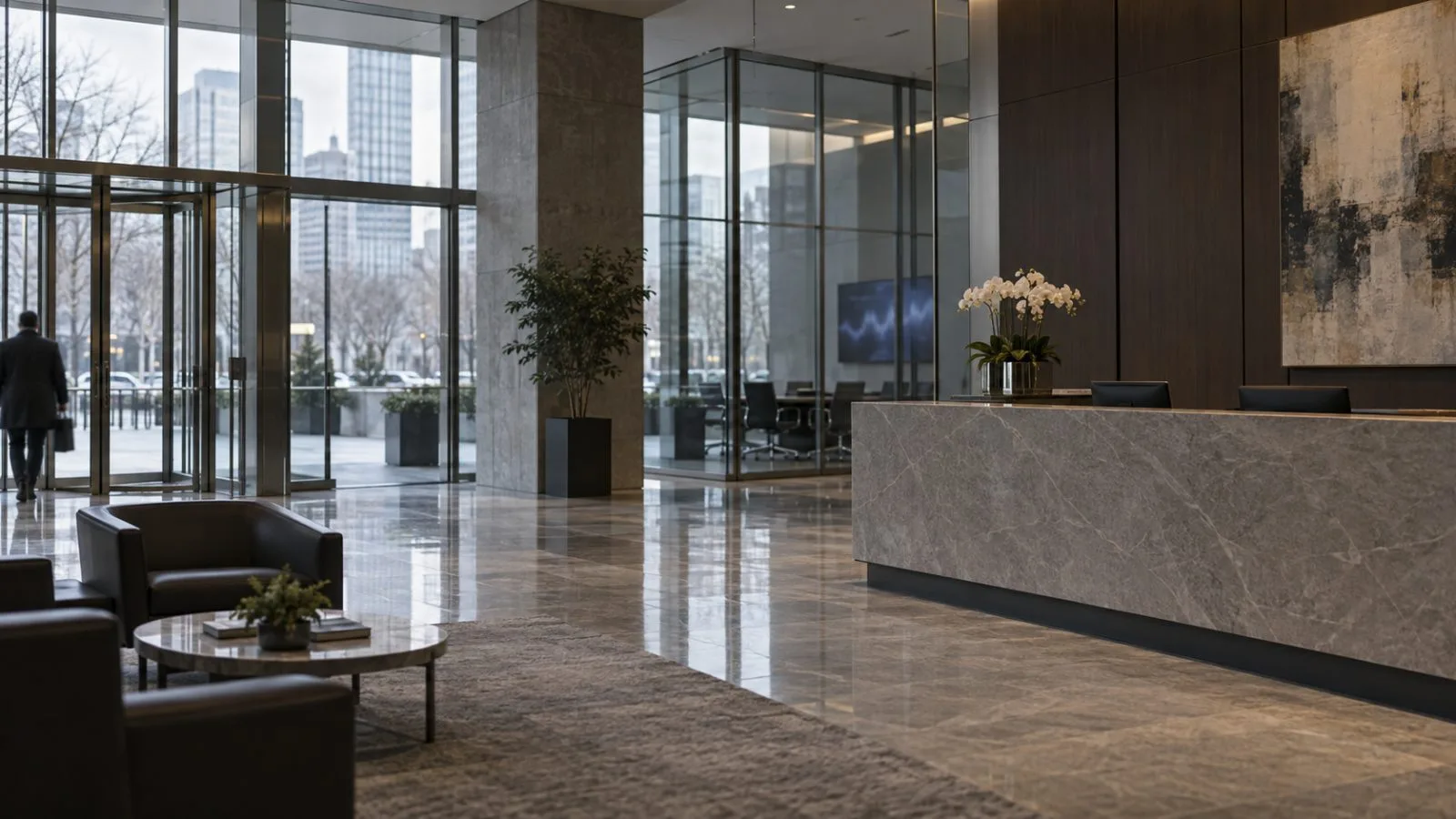 Empty securities lobby beside a secure glass entry / TokenPost.ai / TokenPost.ai