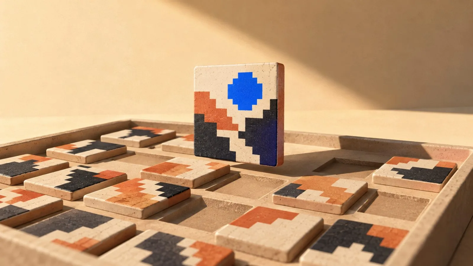 A pixel-art collectible rises above scattered ceramic tiles / TokenPost.ai