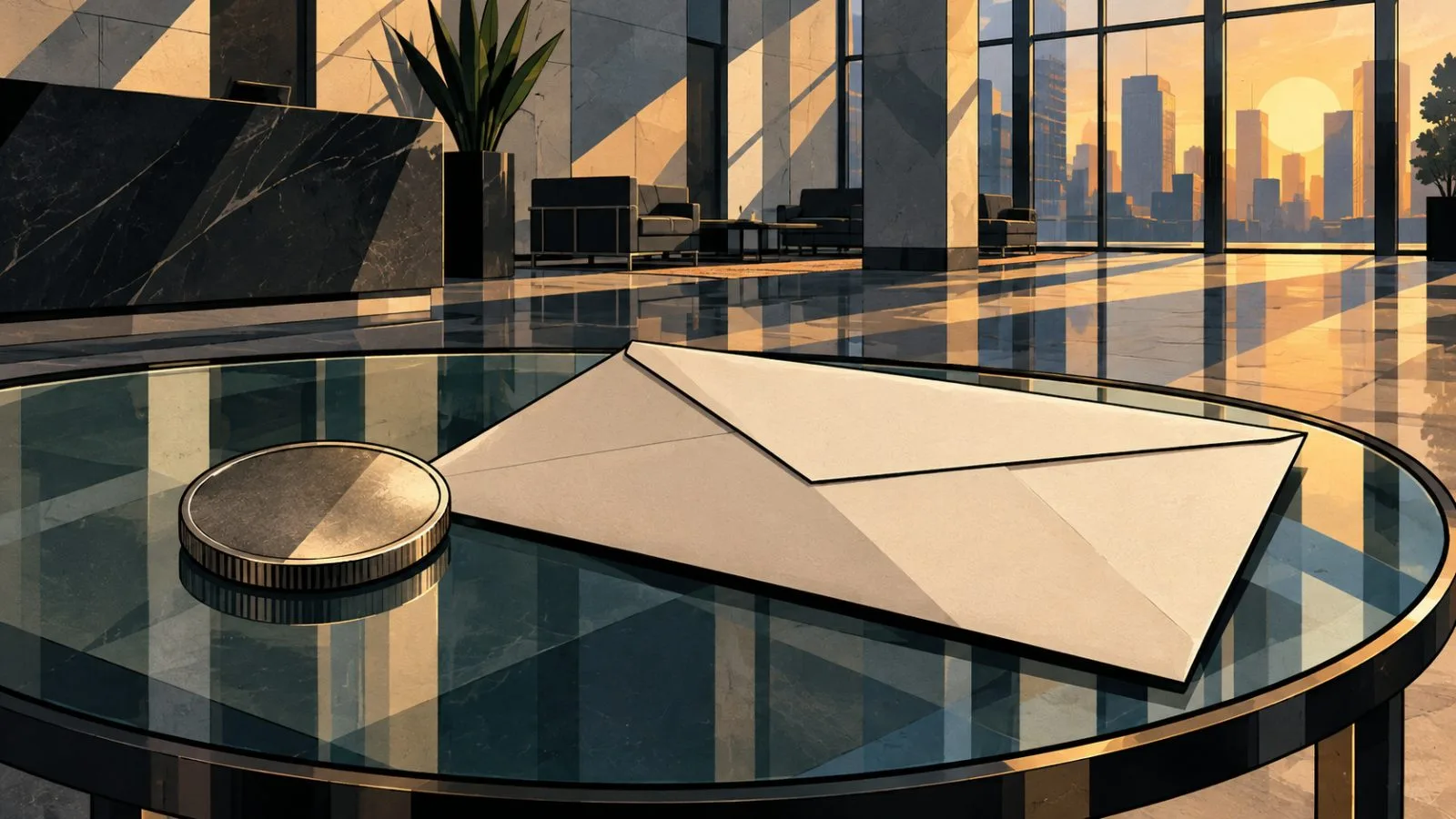 Plain metallic coin and sealed envelope on a glass table / TokenPost.ai