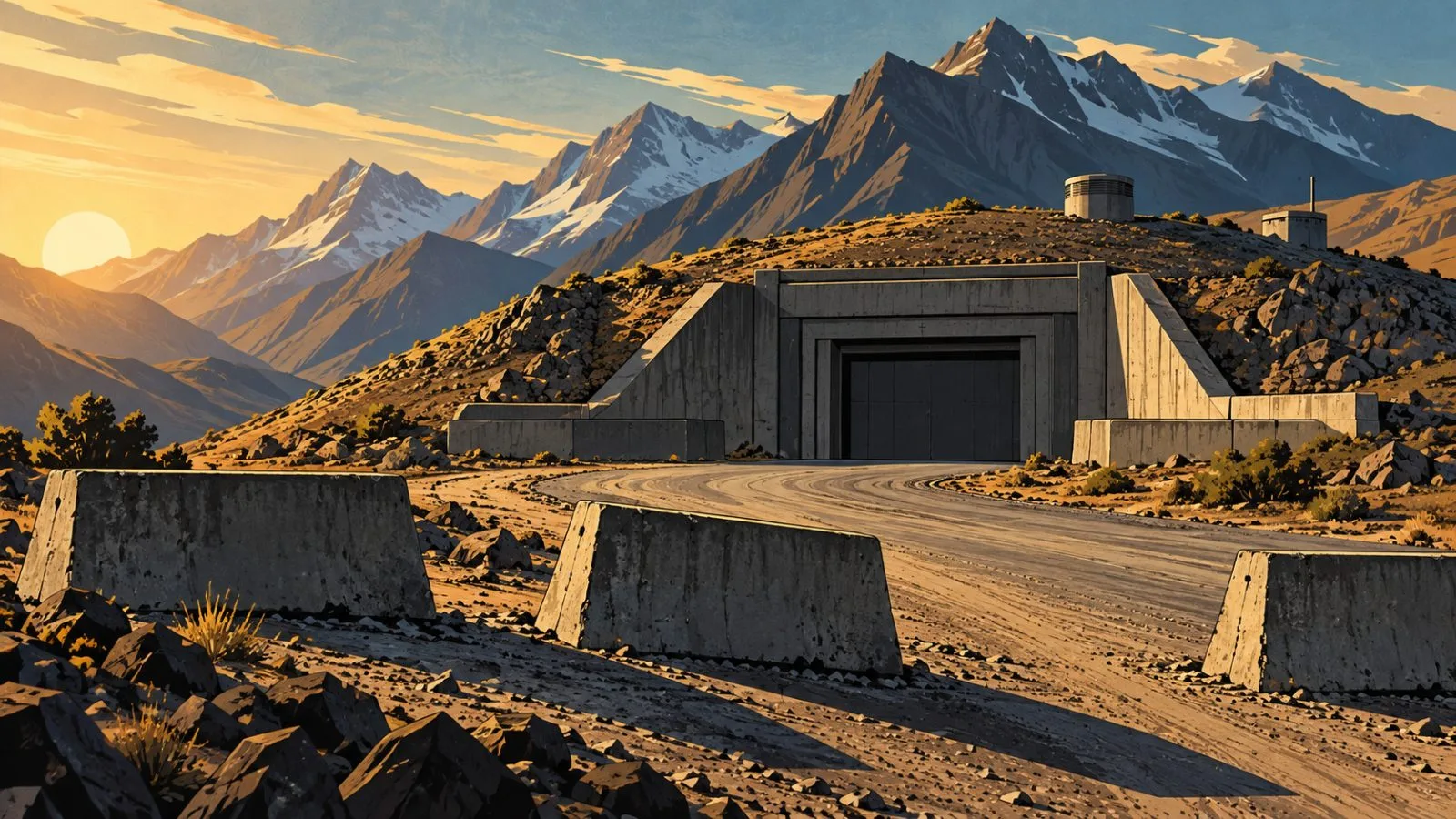 Earth-covered mountain facility entrance behind concrete roadblocks / TokenPost.ai