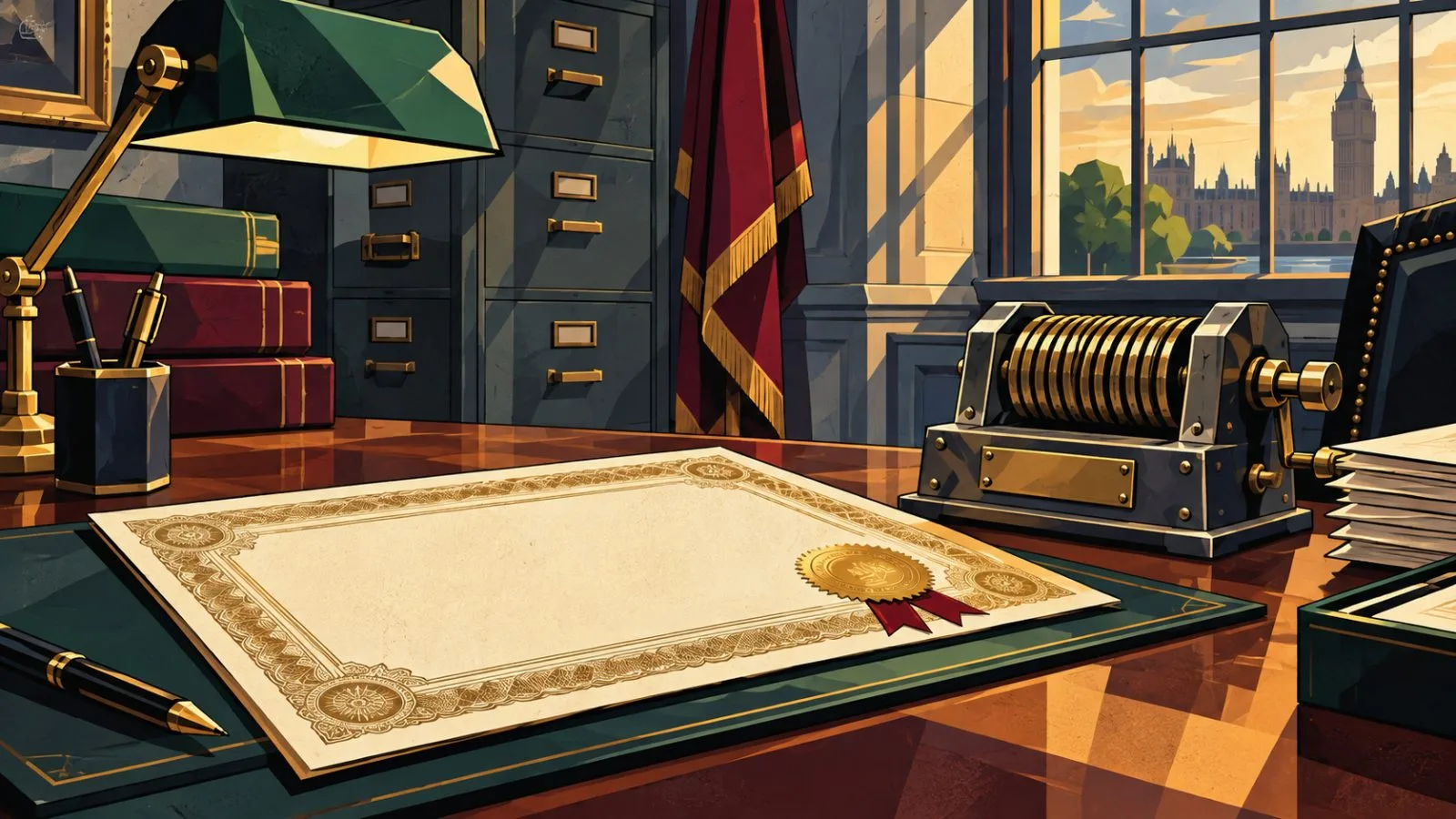 Blank gilt-edged certificate sealed beside a metal ledger device / TokenPost.ai