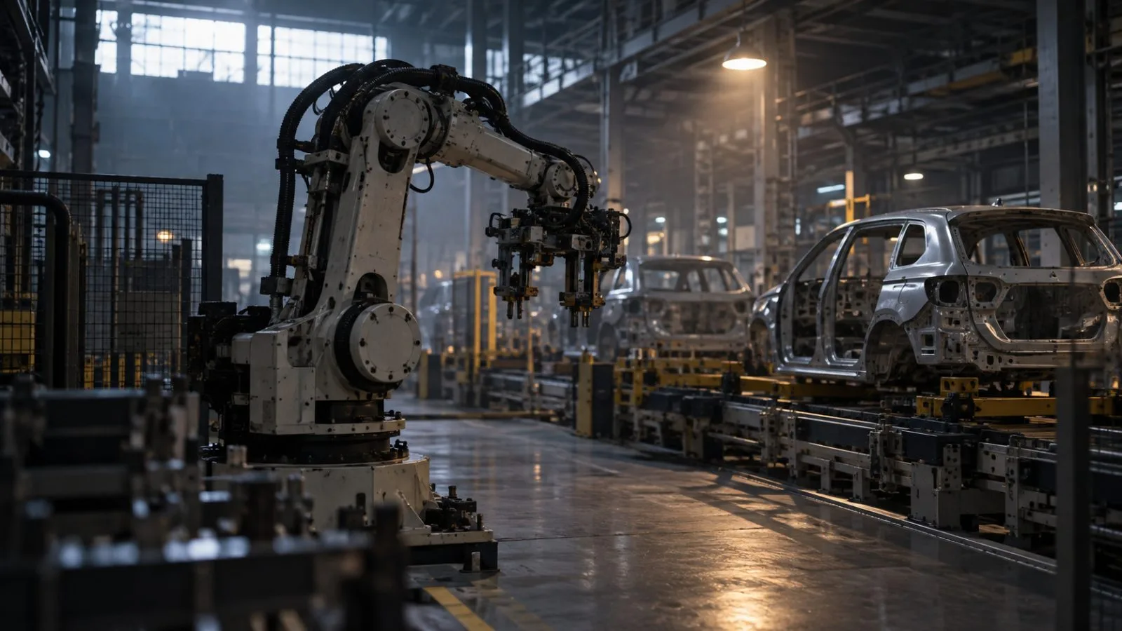 An industrial robotic arm stands inside a quiet manufacturing facility / TokenPost.ai