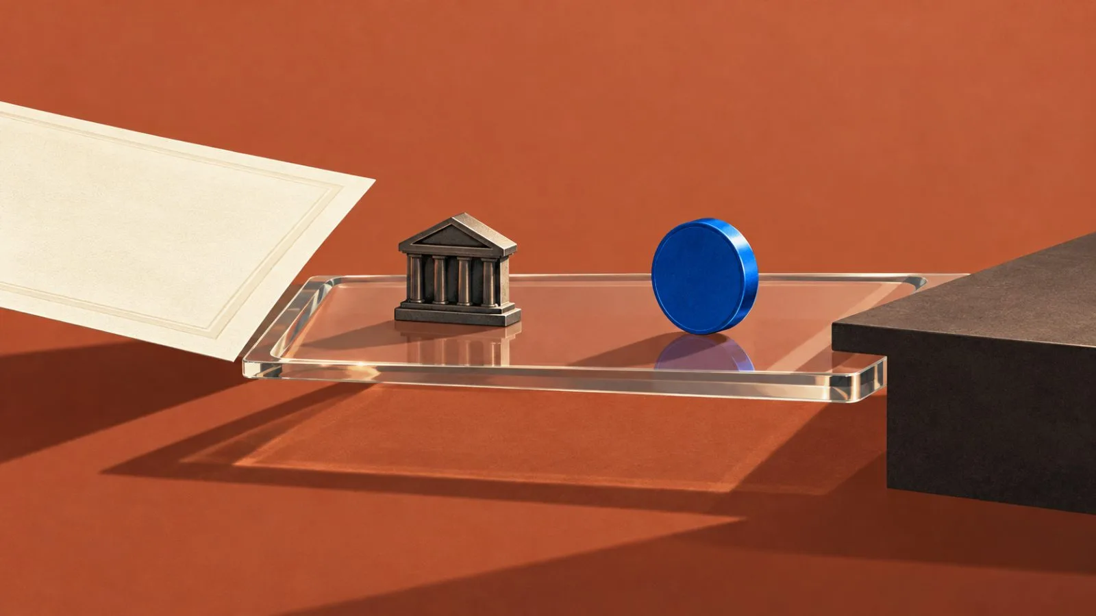 A Treasury certificate meets two metal tokens on a glass plate / TokenPost.ai