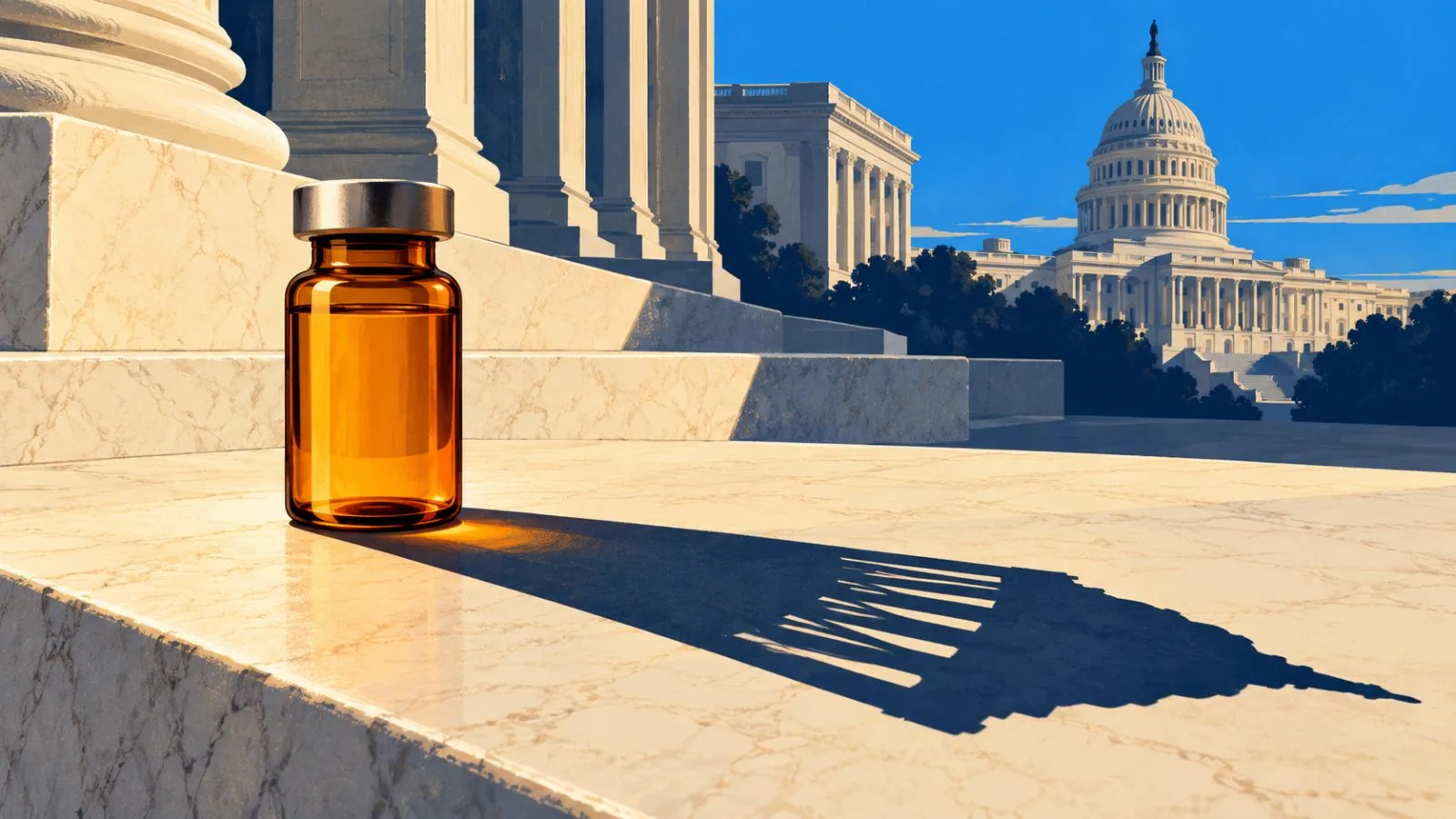 An amber medicine vial casts a long shadow across Capitol stone / TokenPost.ai