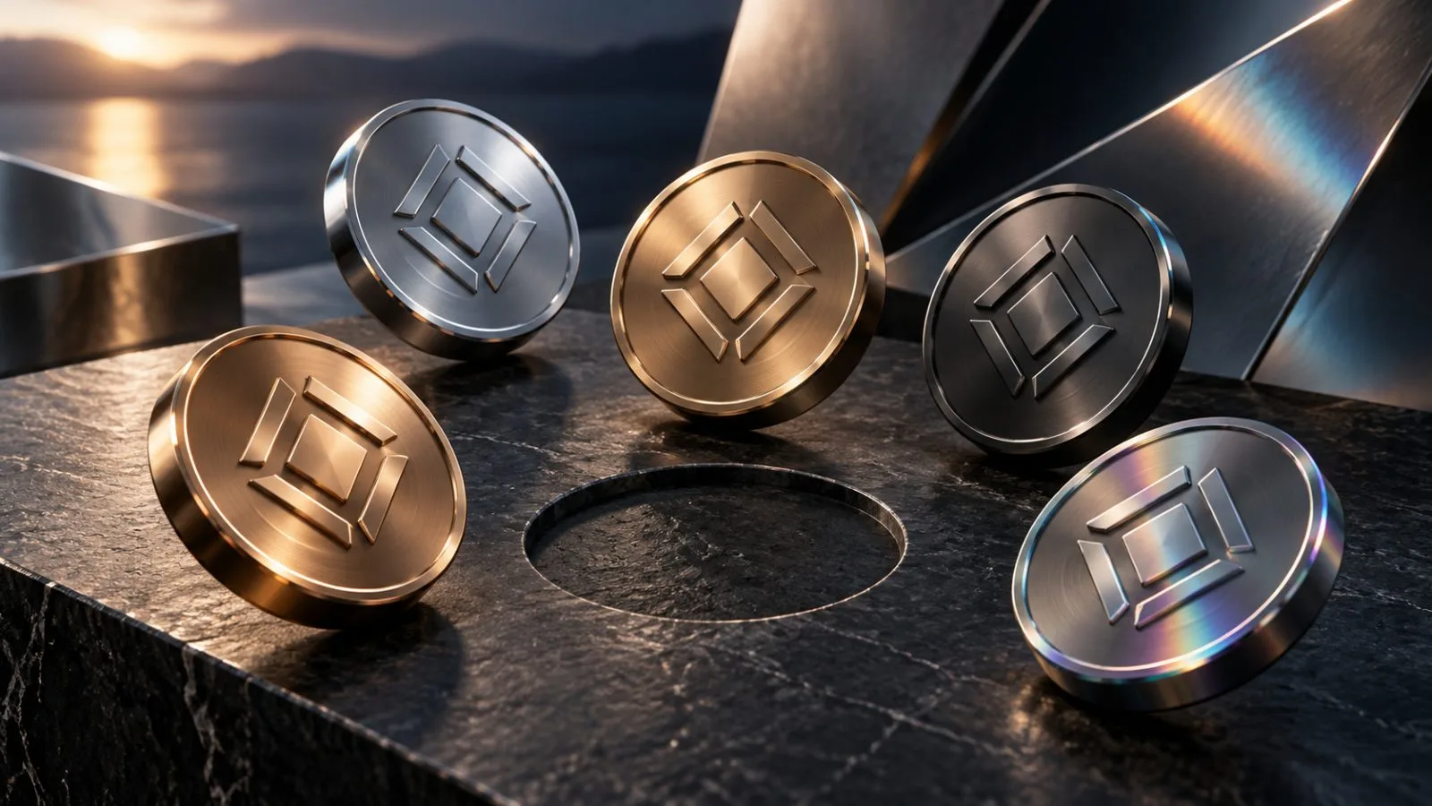 Five unmarked token medallions arranged beside an empty space / TokenPost.ai