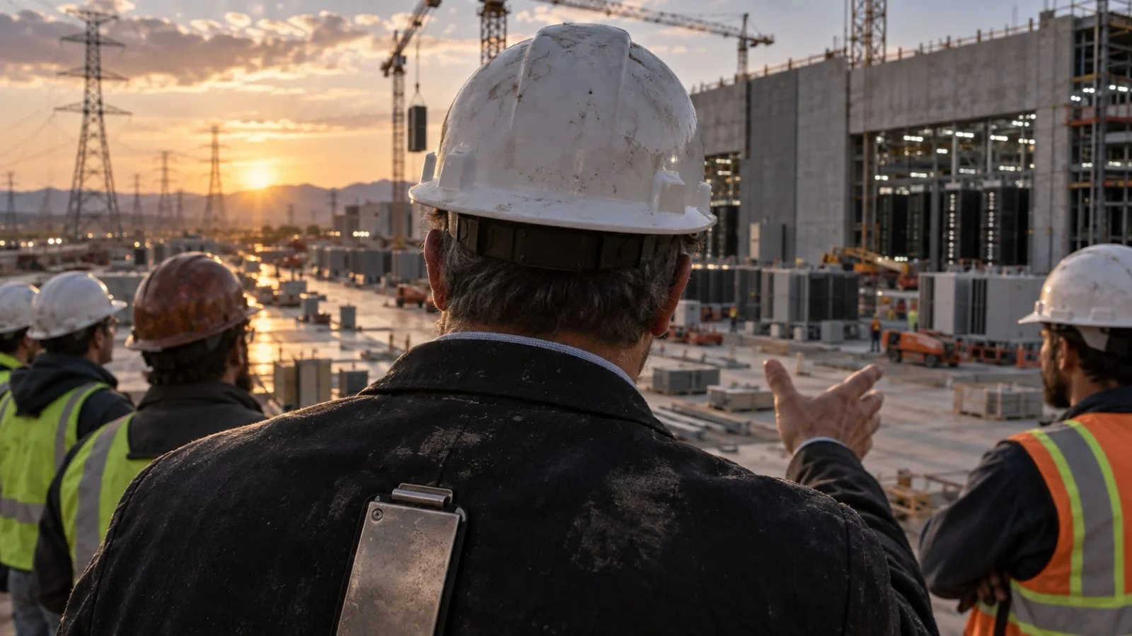 Official addresses workers beside a data-center construction site / TokenPost.ai