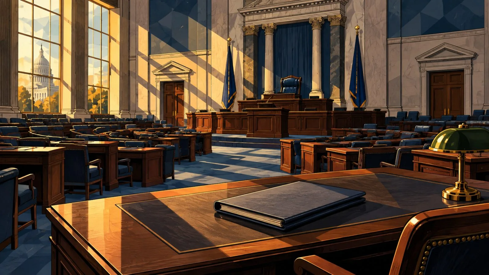 Empty legislative chamber with a closed folder on the central desk / TokenPost.ai