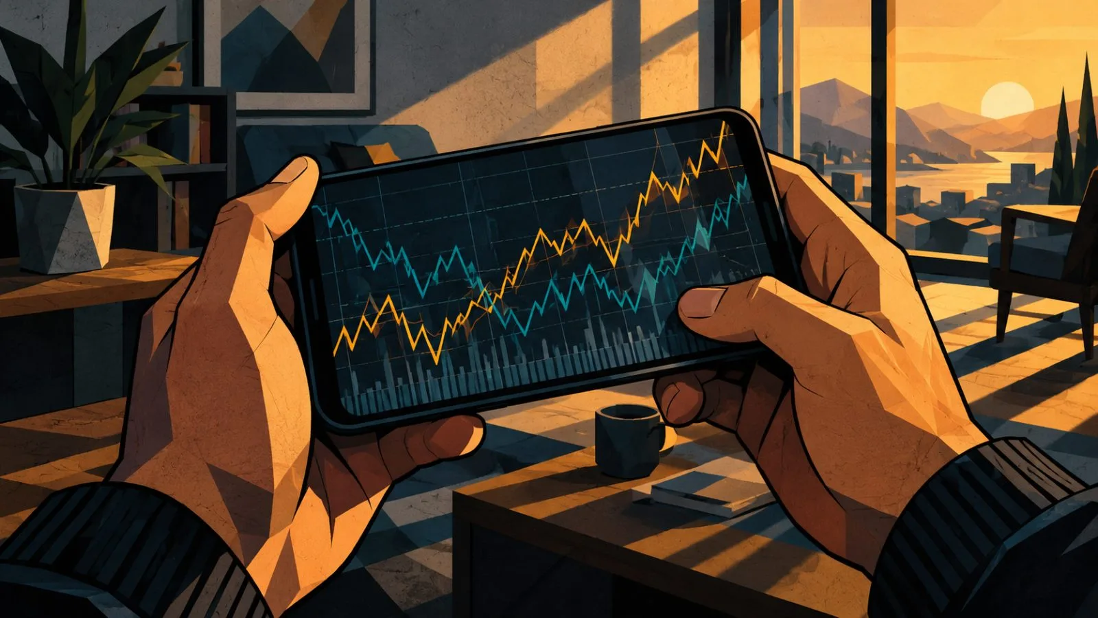 Anonymous hands hold a smartphone beneath sharply fluctuating market lines / TokenPost.ai