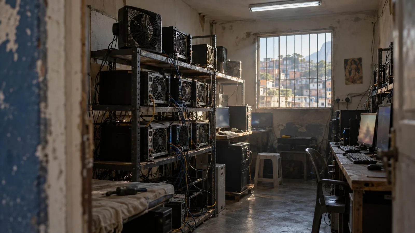 Desktop computers line a modest room beneath a barred window / TokenPost.ai