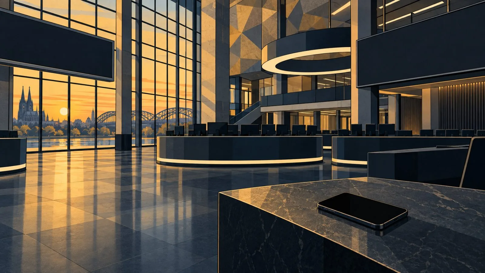 Powered-down smartphone resting inside an empty exchange lobby / TokenPost.ai