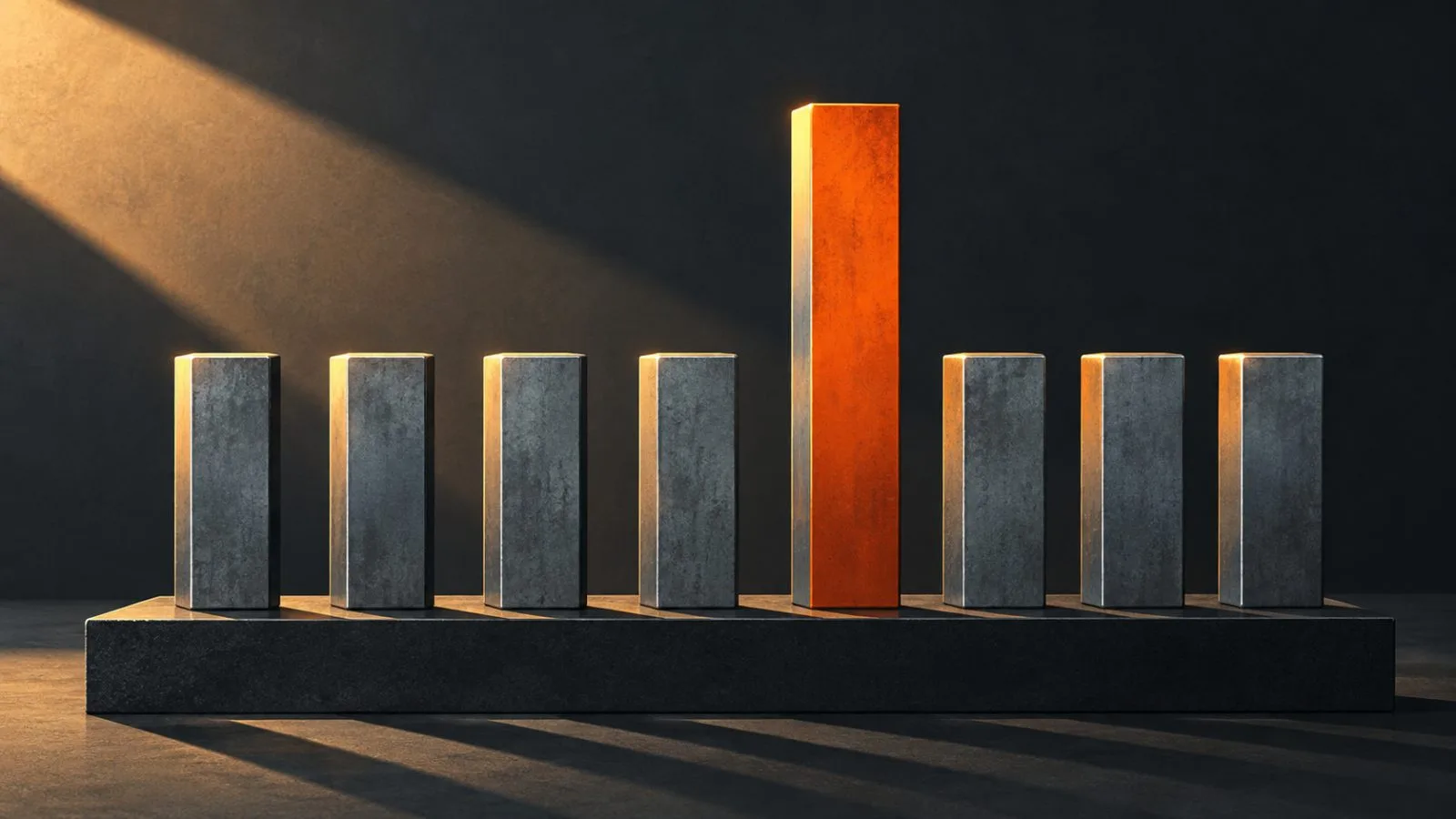 Steel billets arranged in a rising row under warm studio light / TokenPost.ai