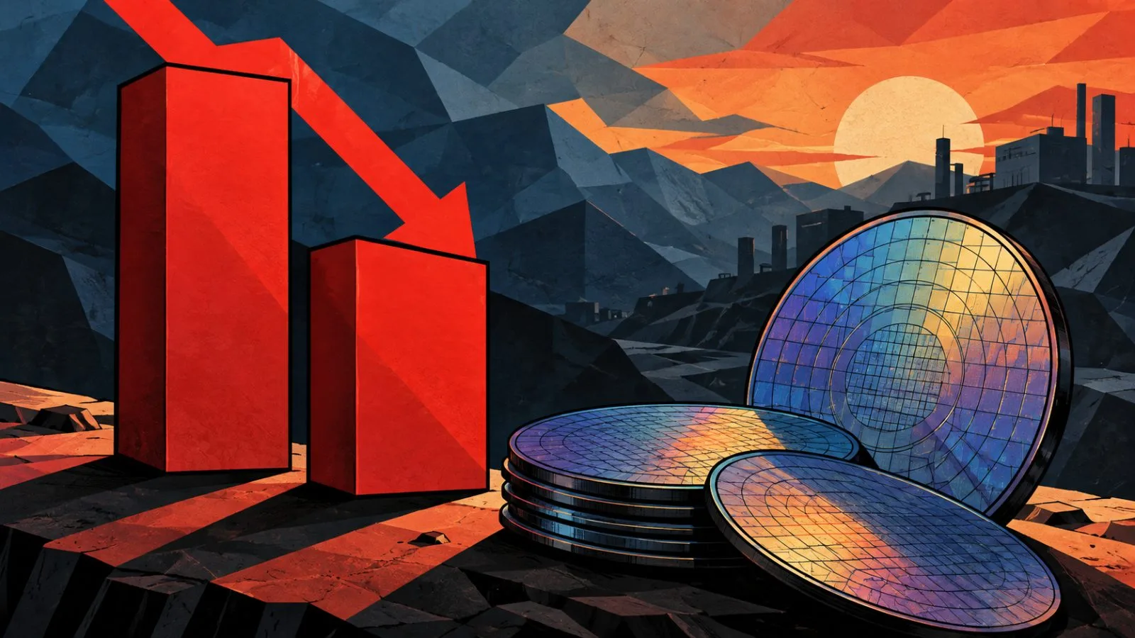 Red market bars beside polished semiconductor wafers / TokenPost.ai