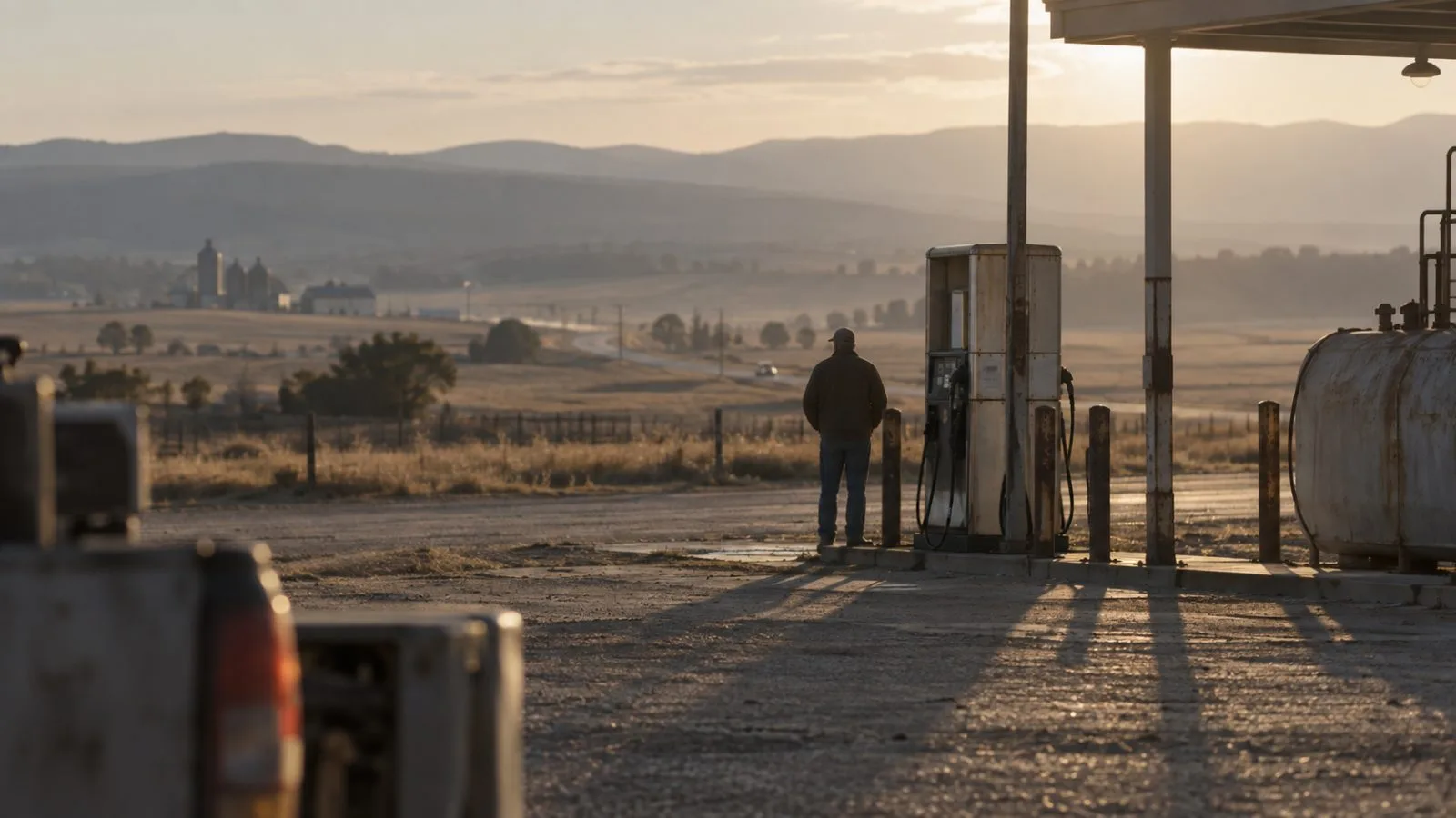 Diesel pump standing beside a rural service station at sunset / TokenPost.ai