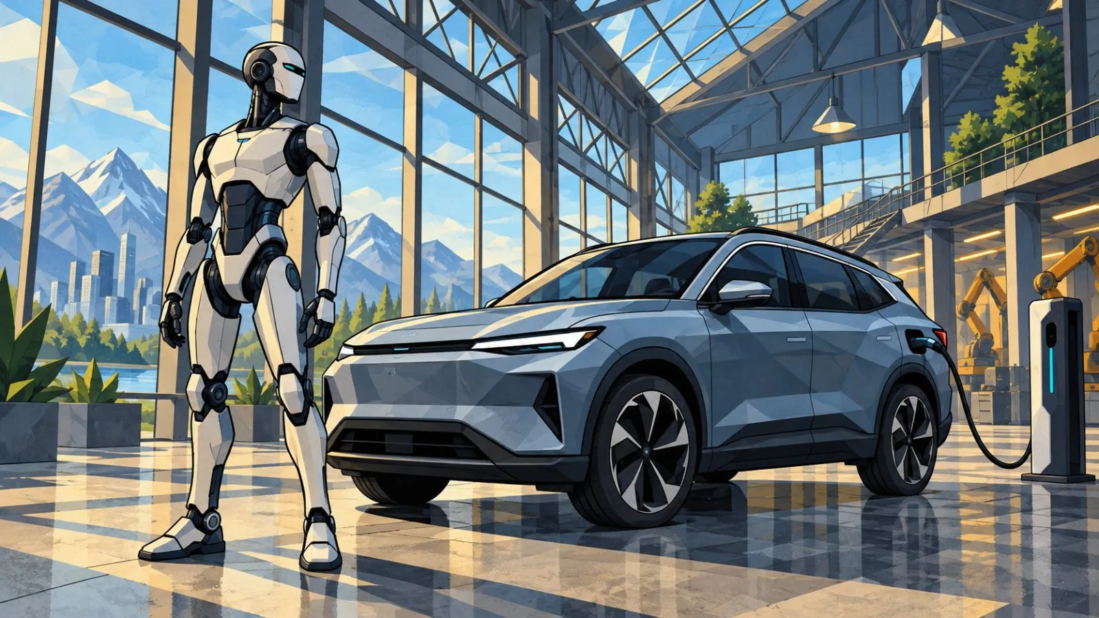 Humanoid robot beside an electric vehicle inside a bright industrial hall / TokenPost.ai
