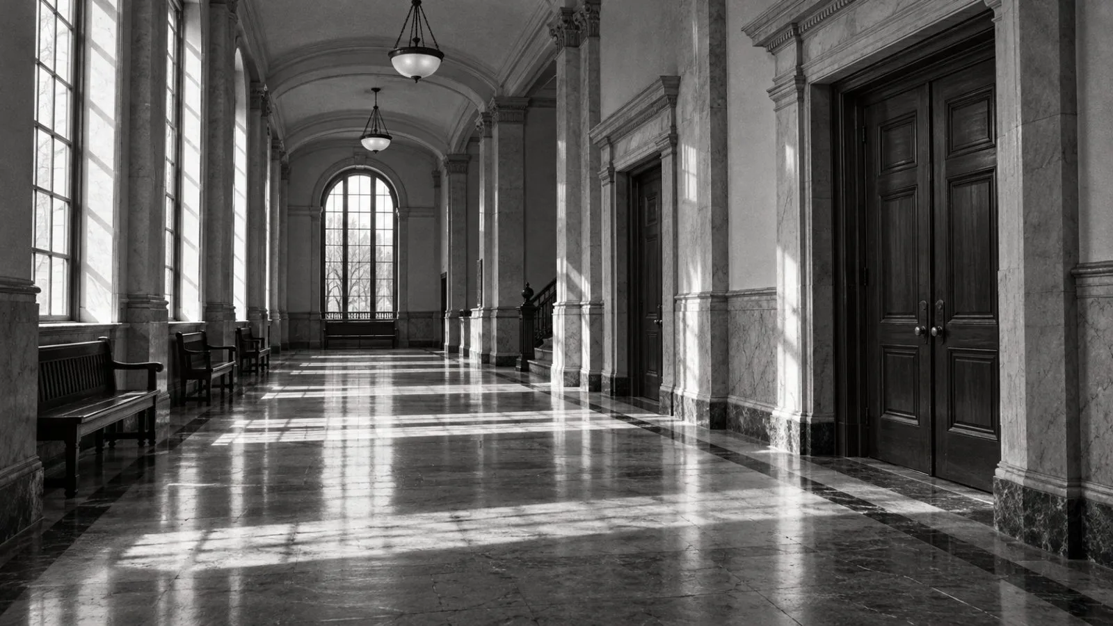 Empty courthouse corridor illuminated by soft morning window light / TokenPost.ai