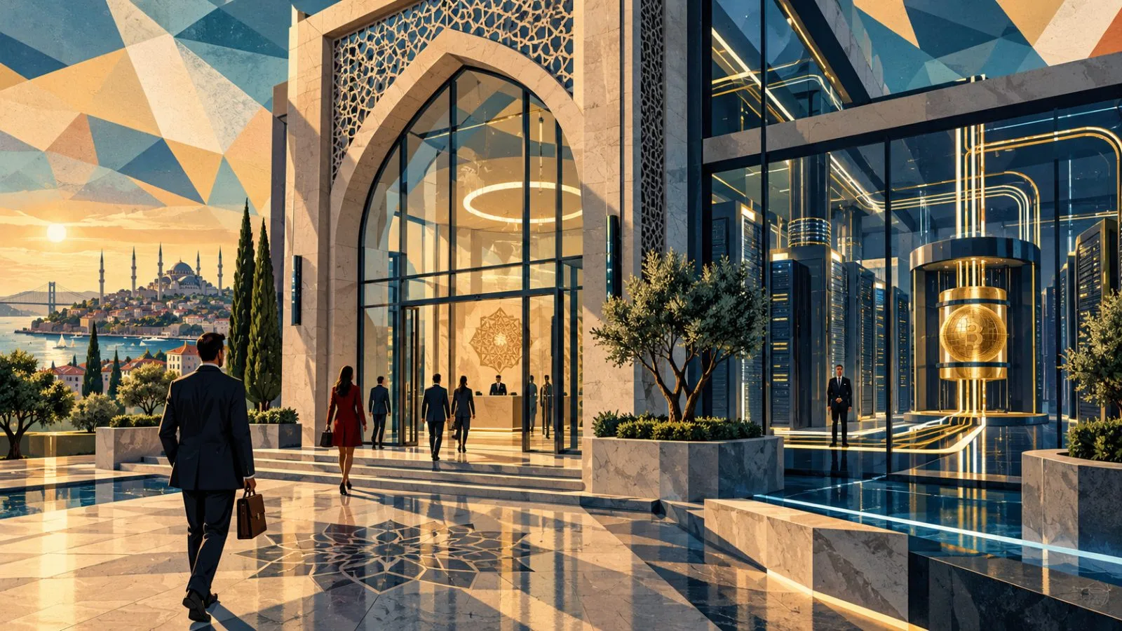 Glass bank entrance beside a sculptural digital asset hub / TokenPost.ai