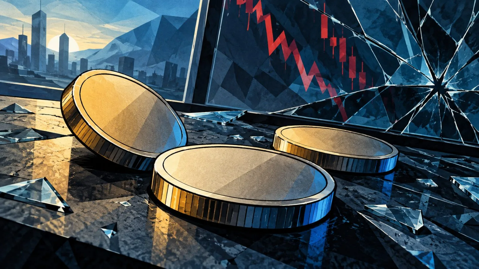 Metal tokens scattered across a cracked glass trading surface / TokenPost.ai