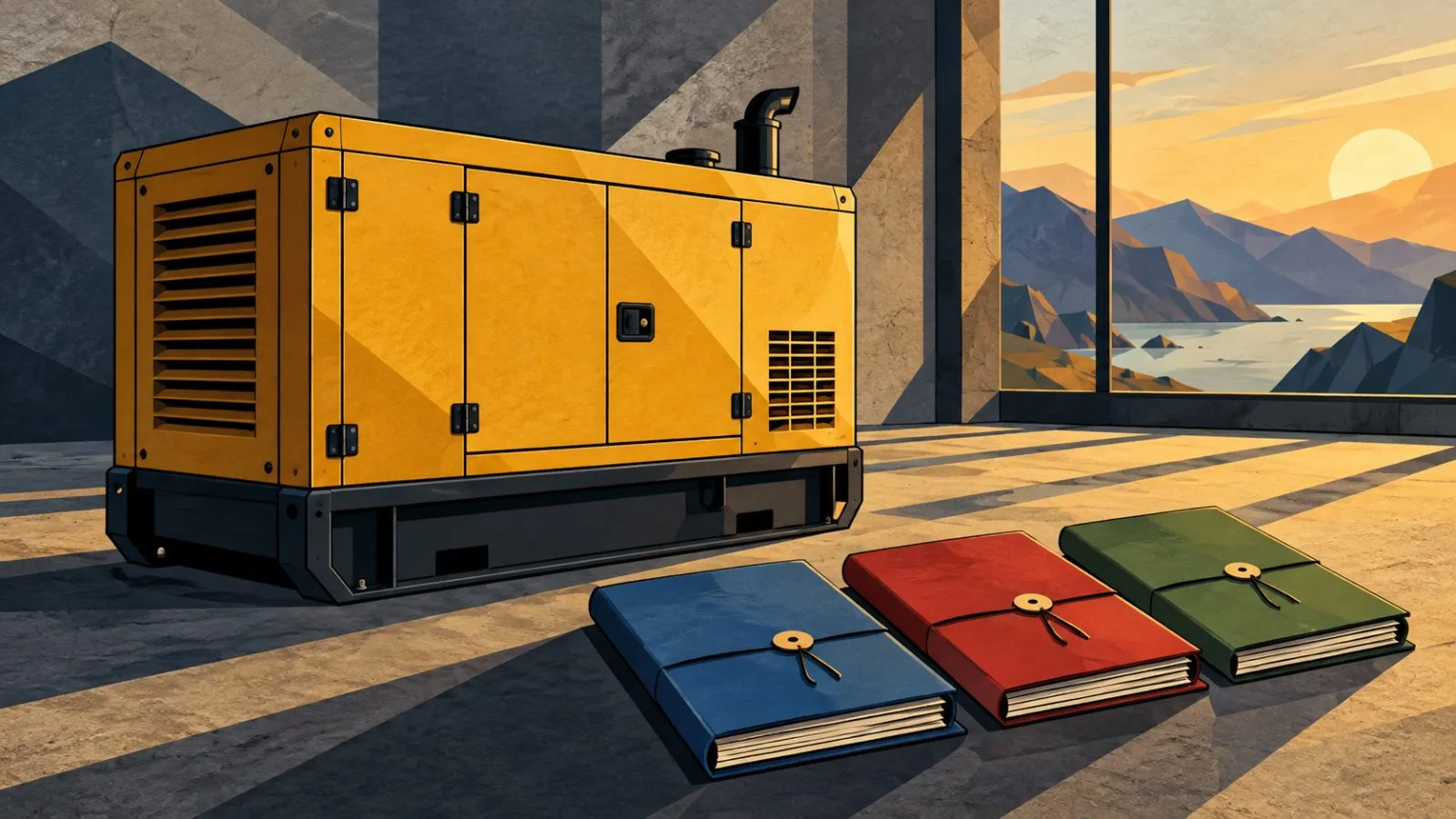 Industrial generator beside sealed financing folders in warm light / TokenPost.ai