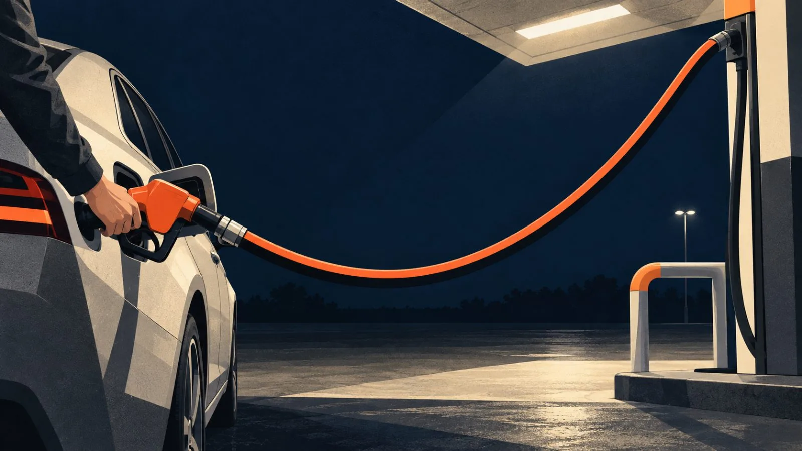 A hand holds a fuel nozzle beside a parked sedan / TokenPost.ai