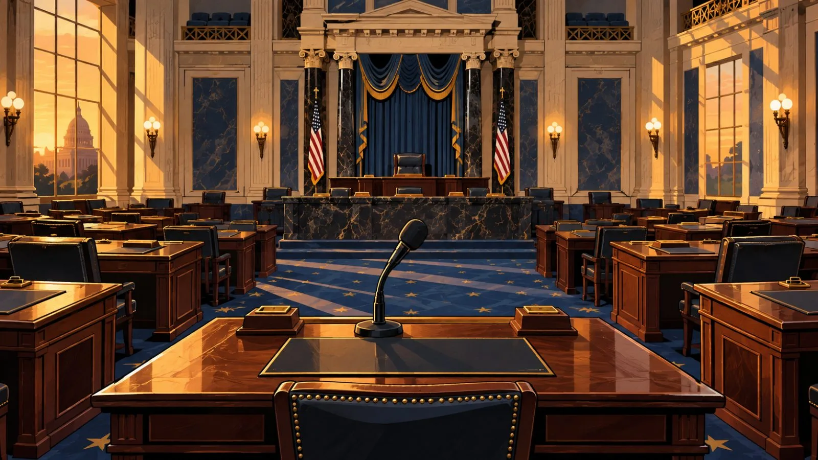Empty Senate chamber with a microphone beneath warm ceiling lights / TokenPost.ai