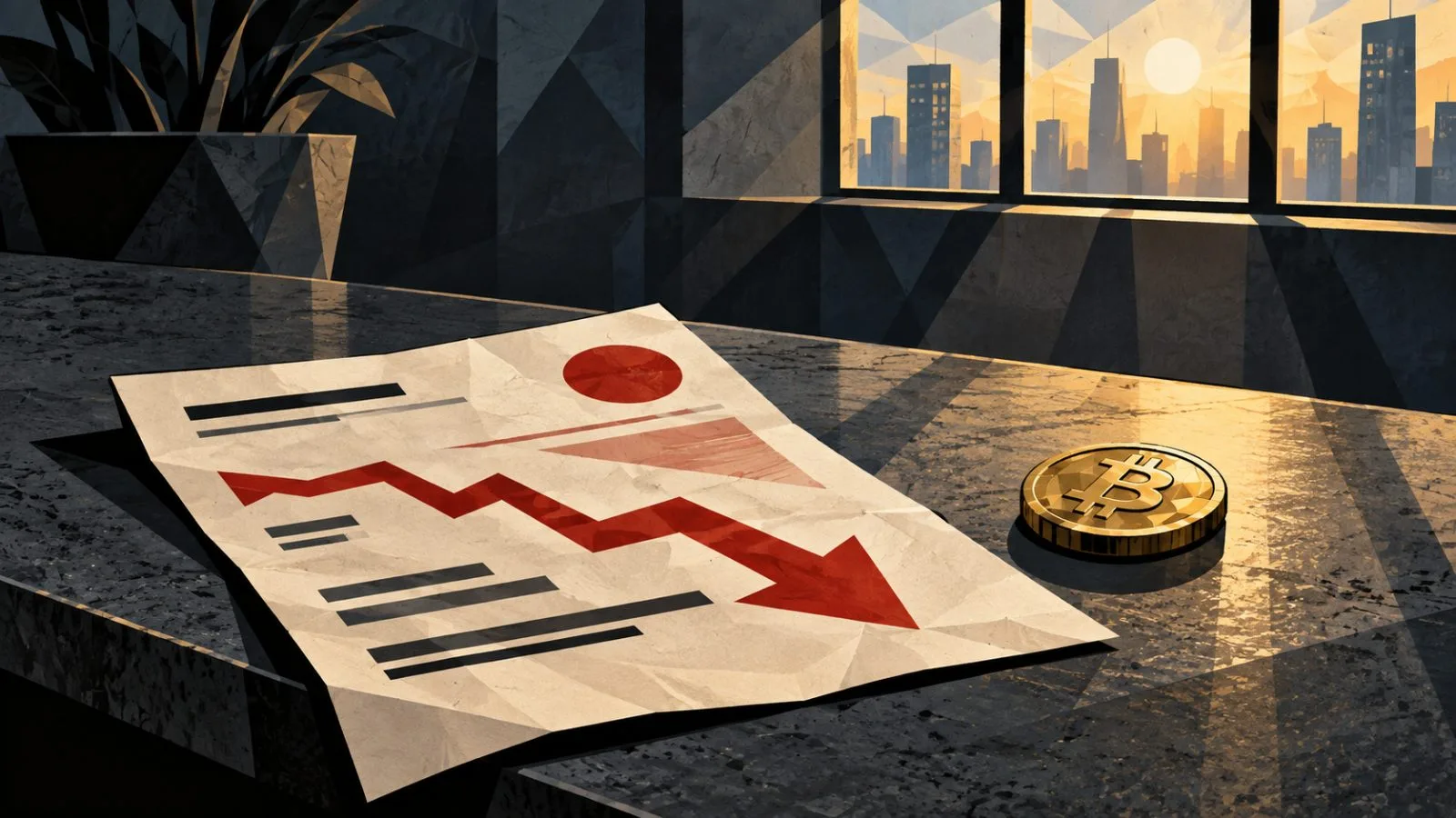A small Bitcoin token beside a liquidation notice on a counter / TokenPost.ai