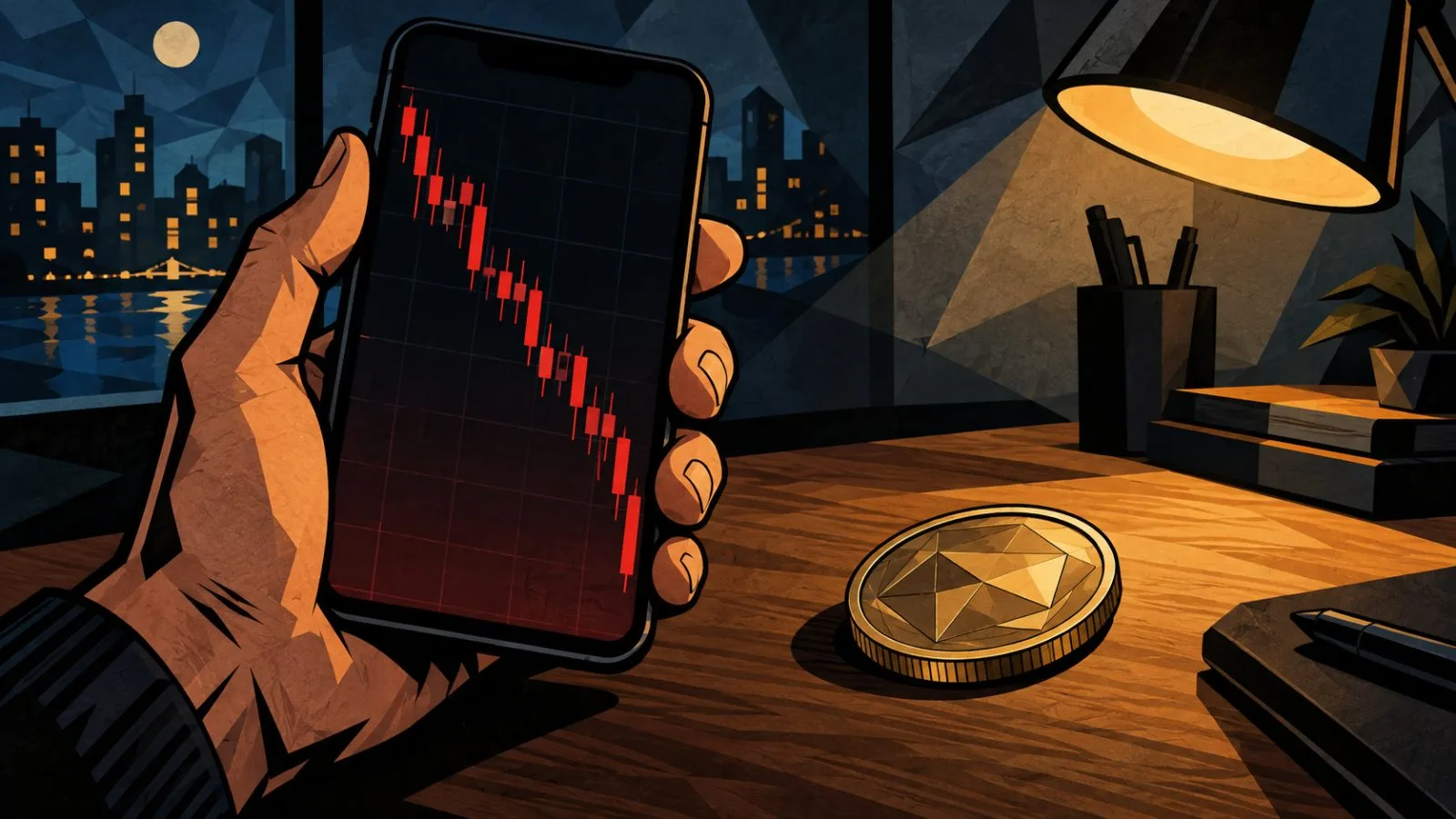 A hand grips a smartphone beside a sharply falling market chart / TokenPost.ai