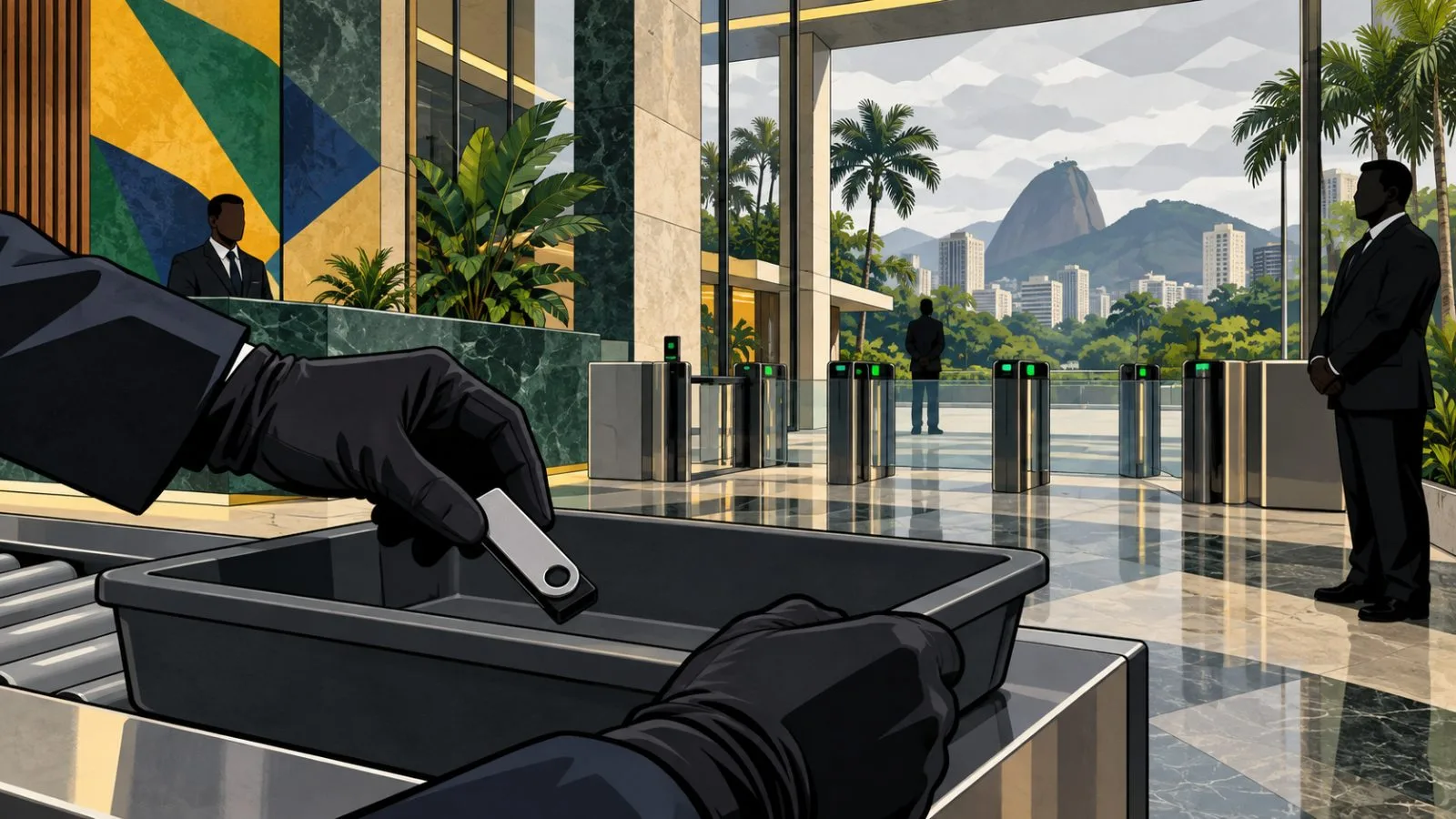 Hardware wallet held outside a modern central bank lobby / TokenPost.ai