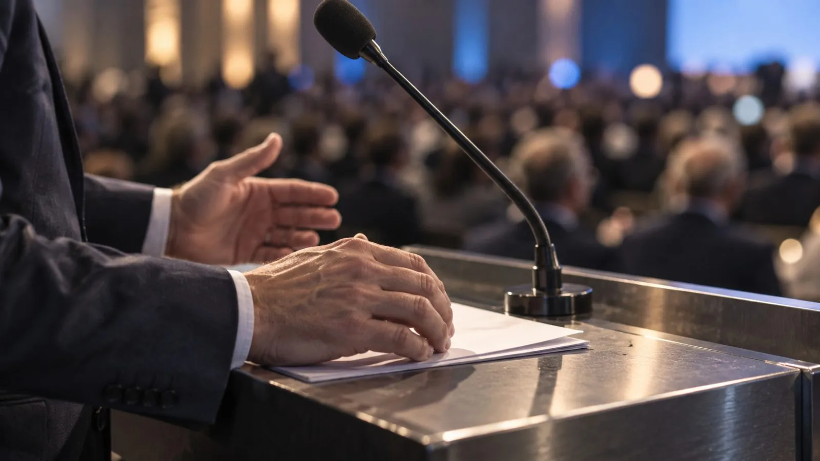 Microphone and speaker’s hands at a dim conference venue / TokenPost.ai