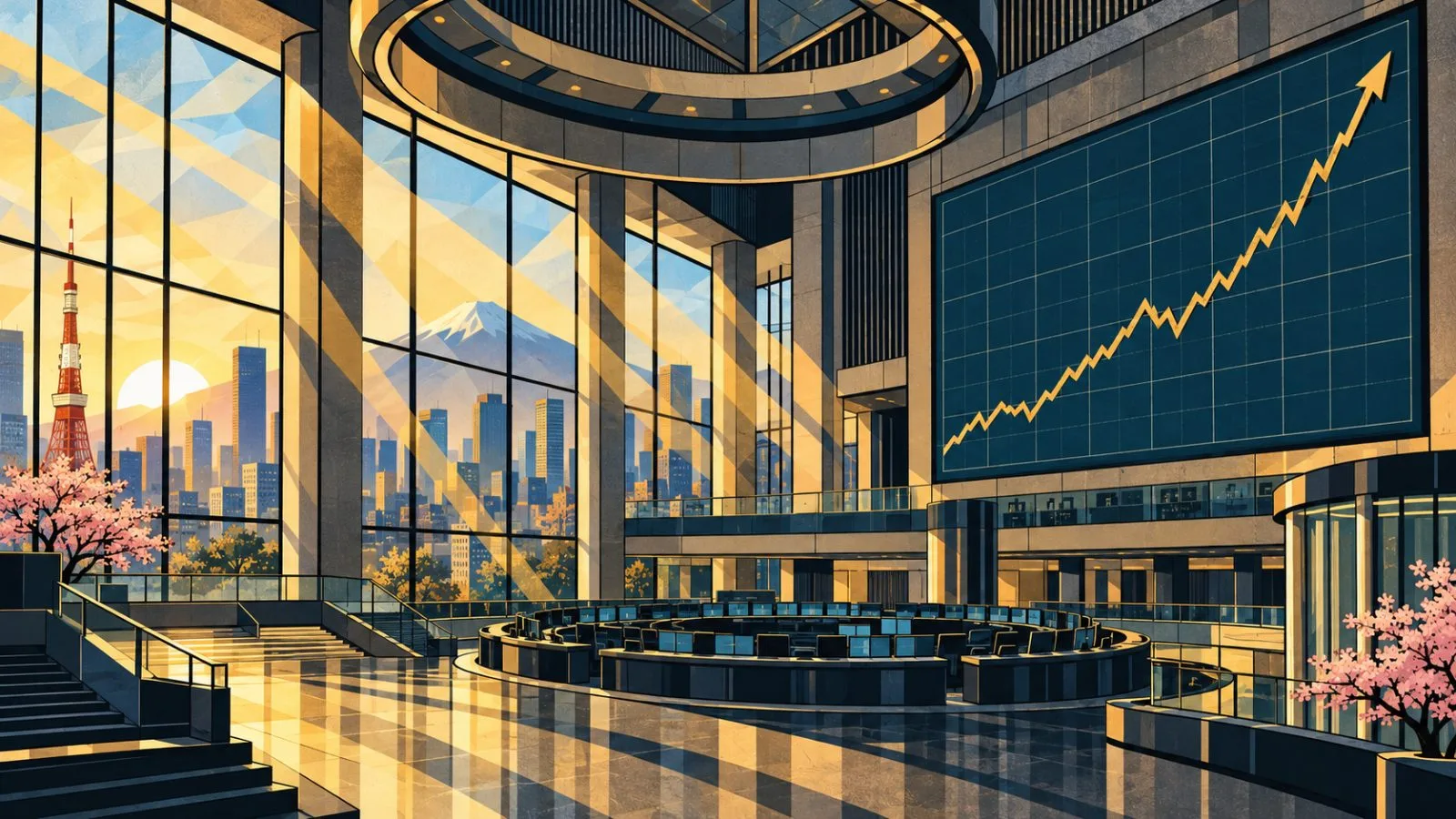 An ascending market chart displayed inside a bright trading hall / TokenPost.ai